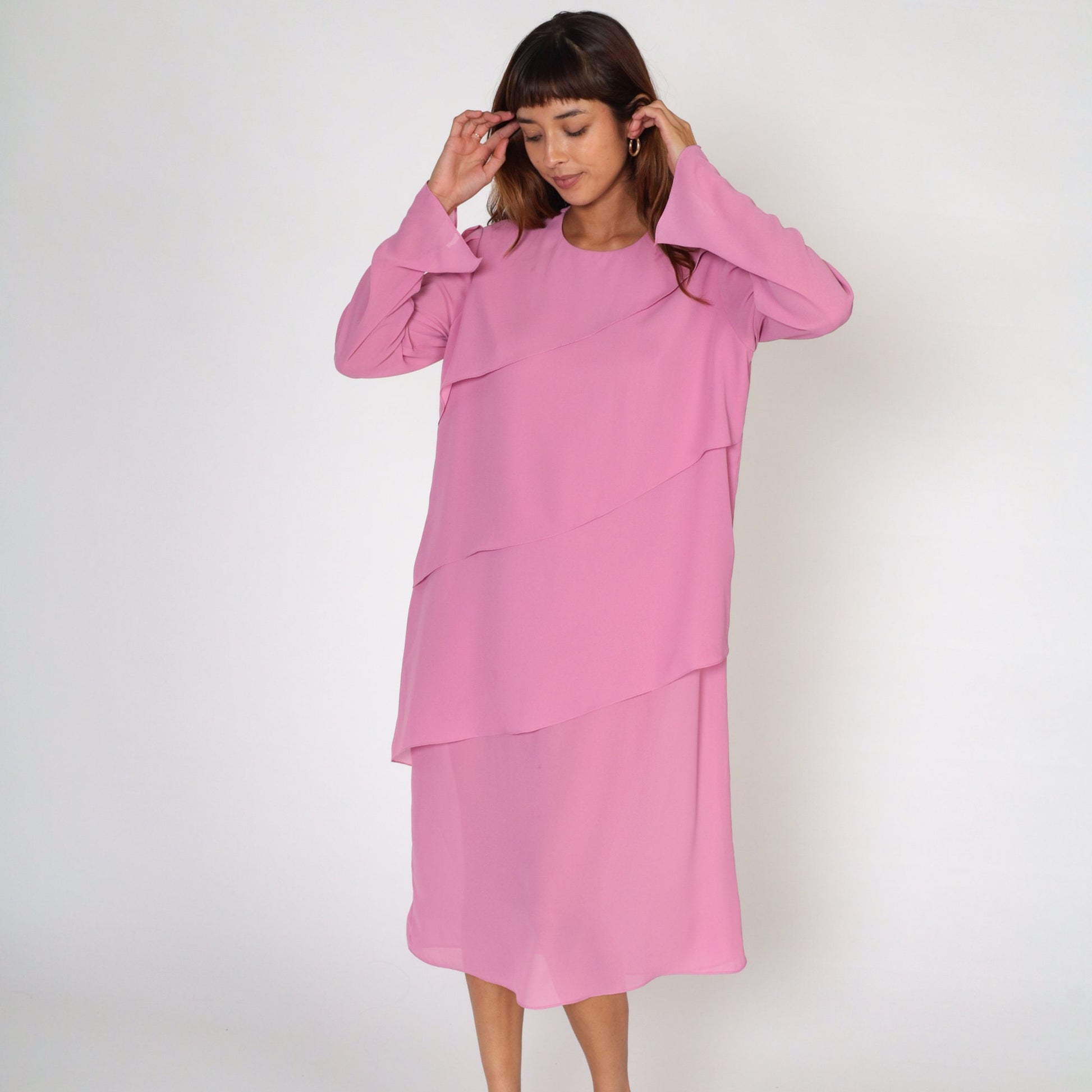 70s Pink Midi Dress Puff Sleeve Bias Cut Layered Draped Medium Large