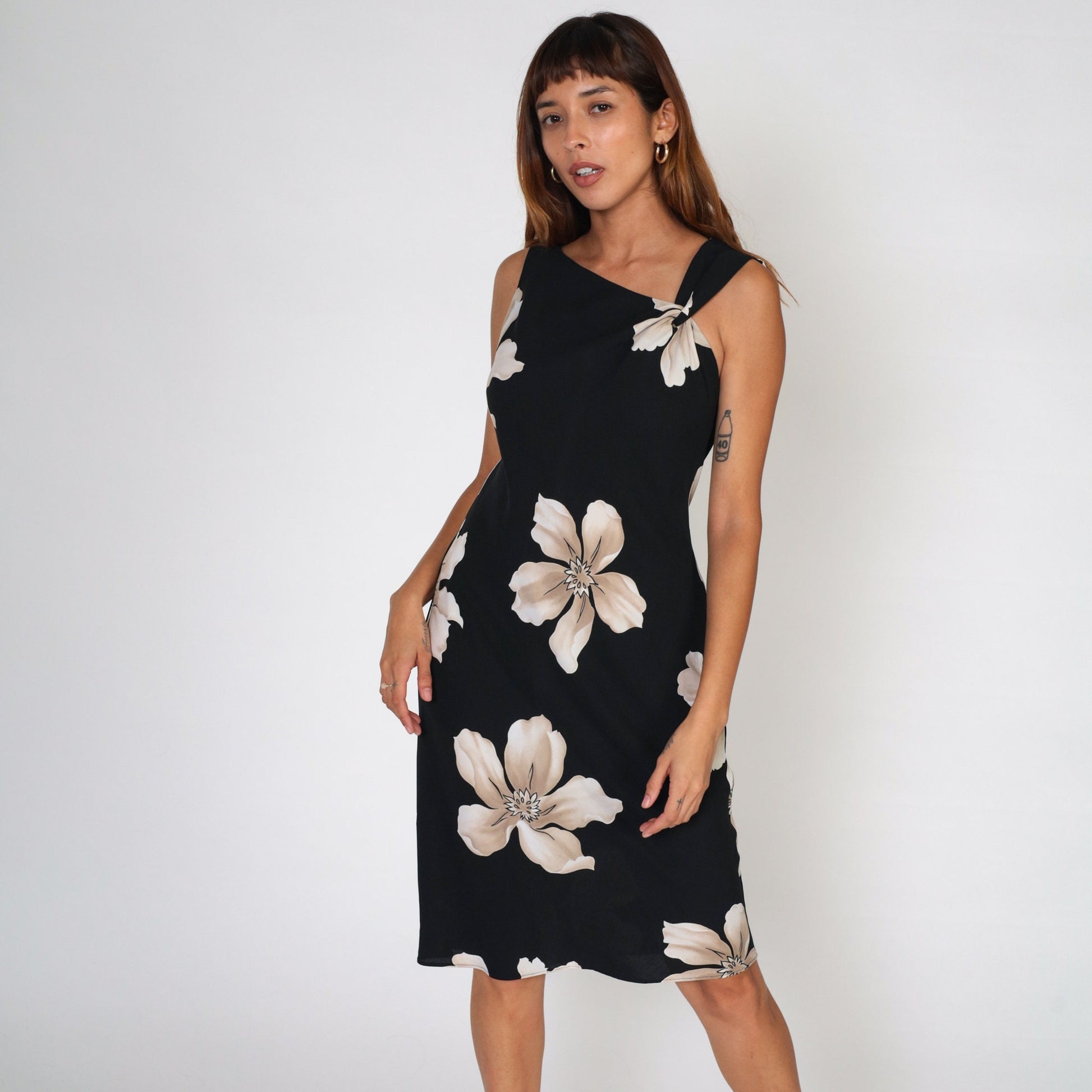 90s Black Floral Dress Asymmetrical Neckline Sleeveless Knee Length Large L