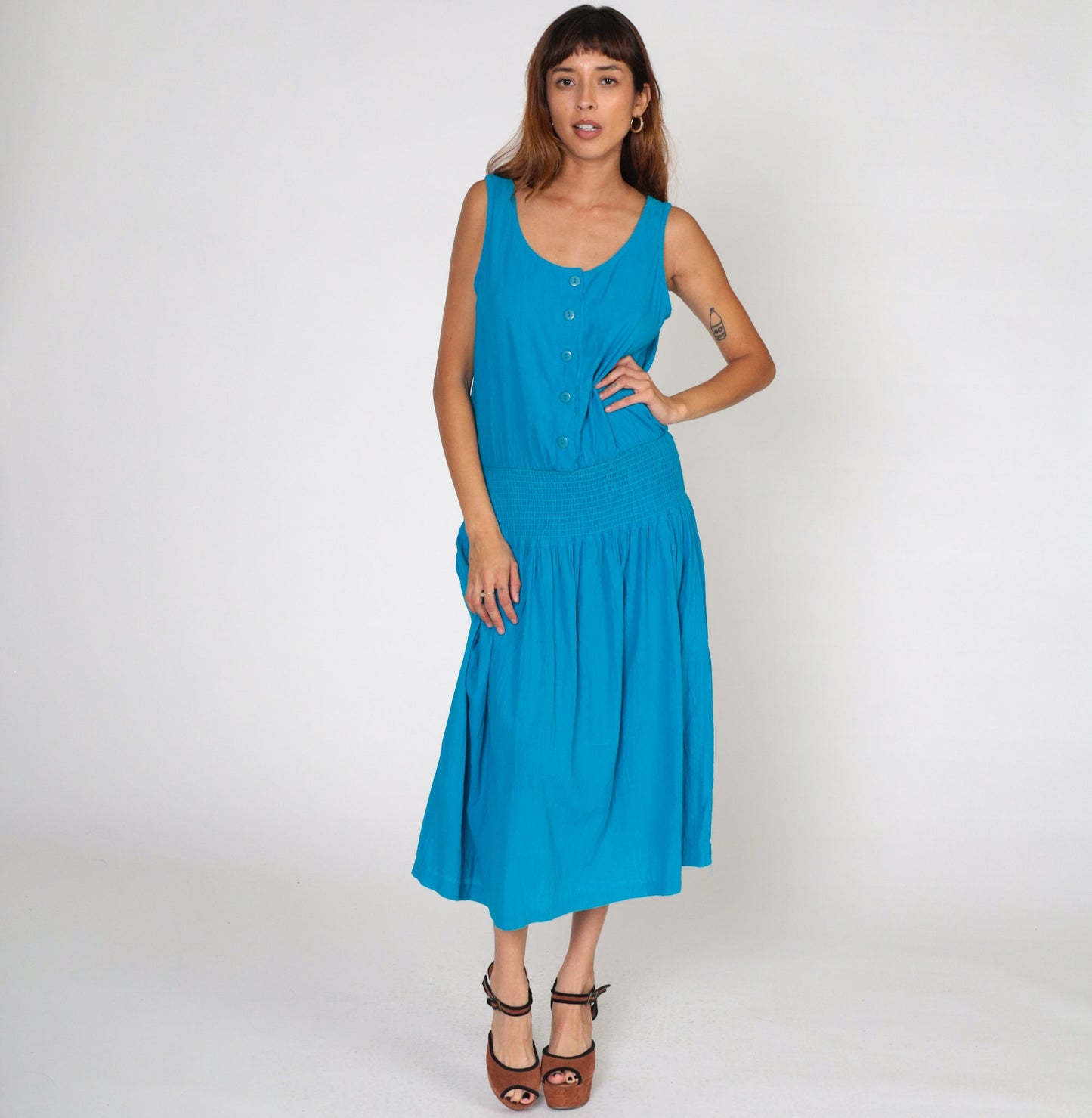 80s Blue Midi Sundress Sleeveless Button-Up Smocked Waist Medium M