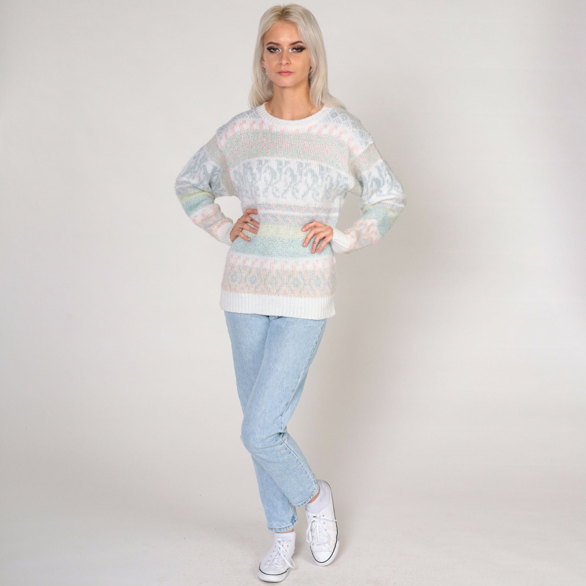80s Helium Pastel Striped Abstract Knit Sweater White Crewneck Small