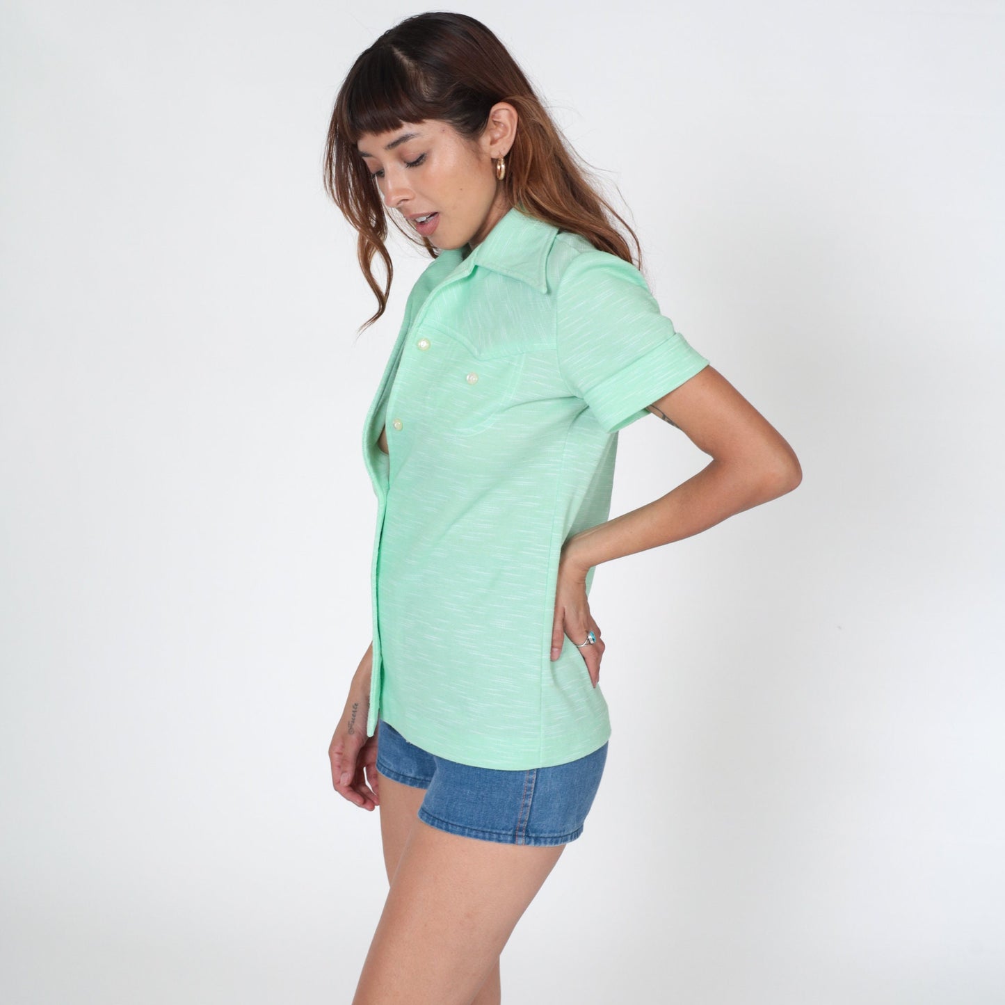 70s Mint Green Western Yoke Button-Up Shirt Dagger Collar Short Sleeve Small