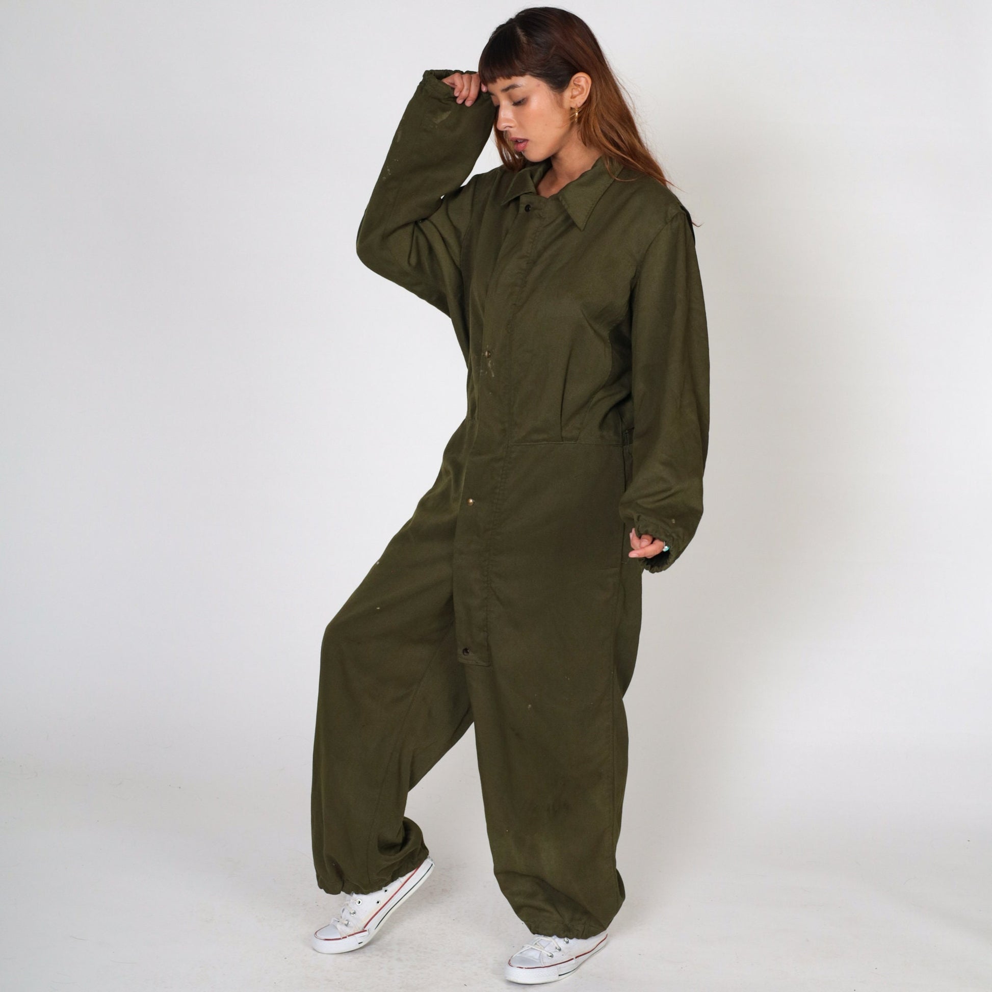 1990s Army Coveralls Flight Suit Olive Green Distressed Men's Small