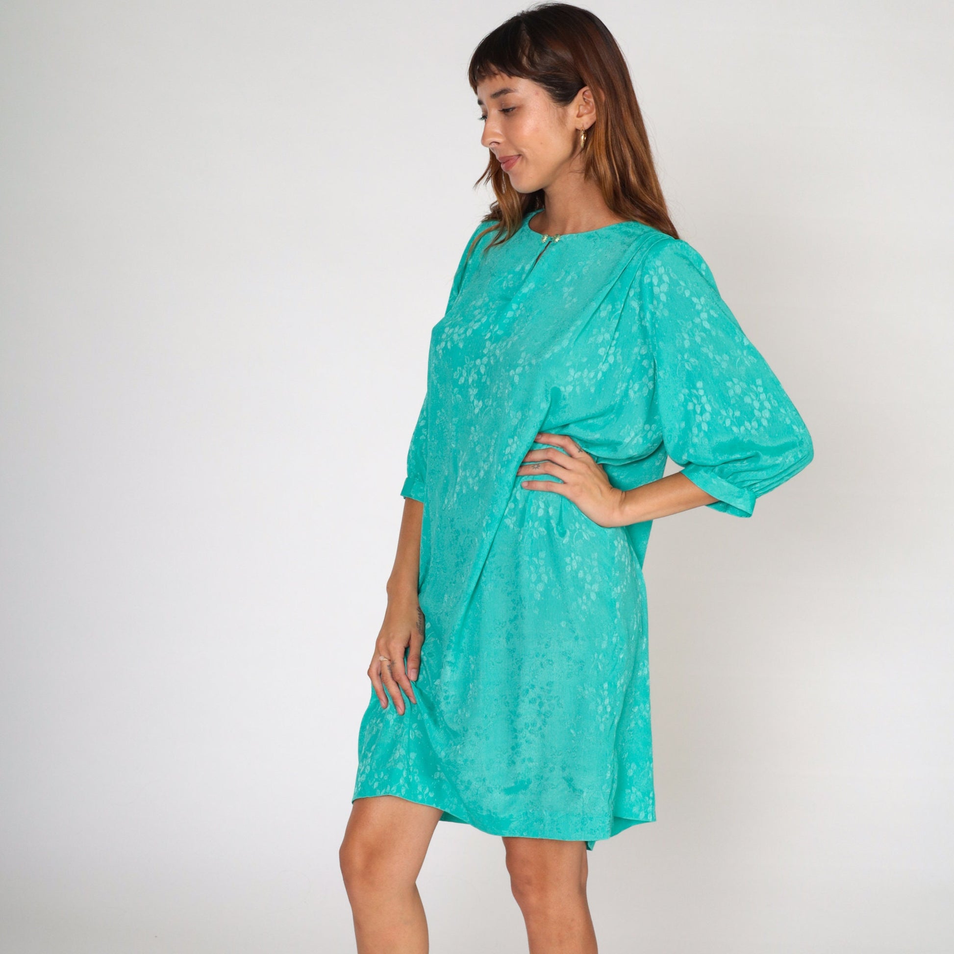 80s Green Embossed Leaf Mini Dress Puff Sleeve Pleated Shift Extra Large XXL