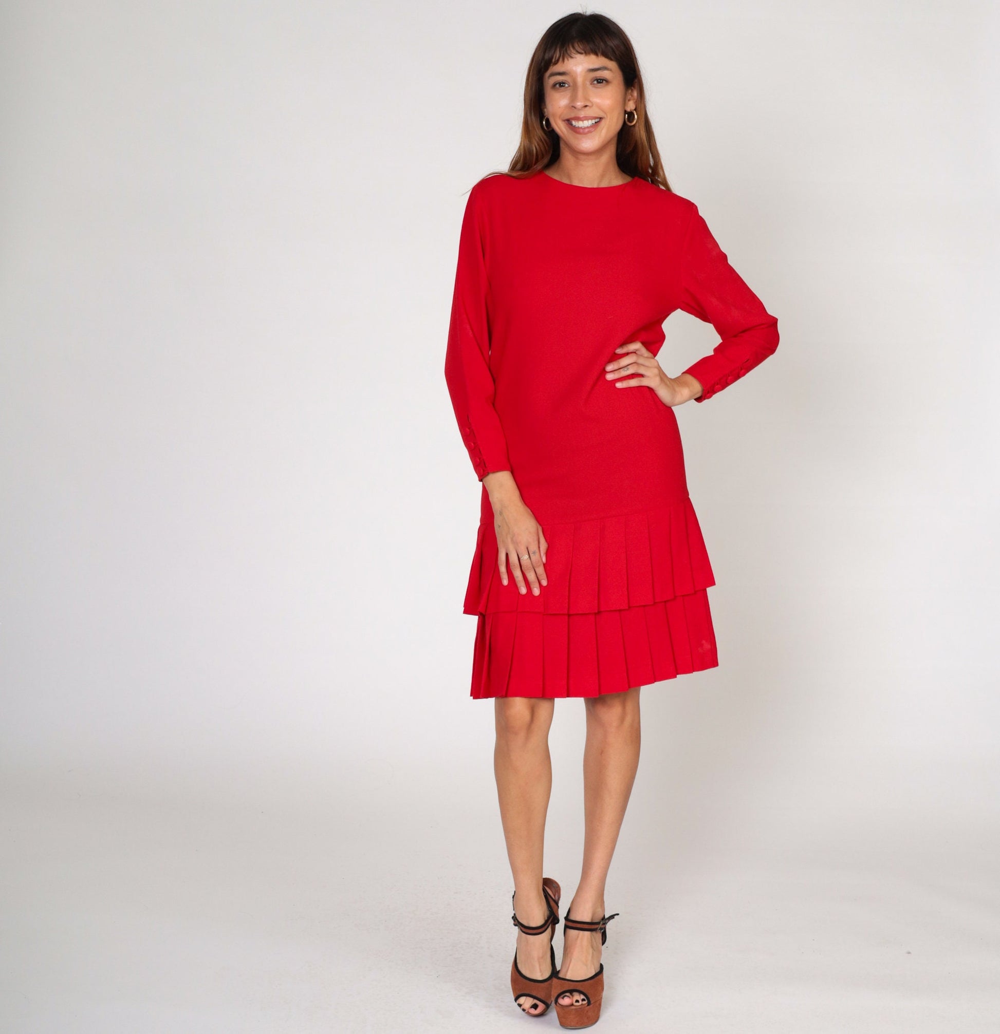 90s Red Mini Dress Drop Waist Pleated Tiered Long Sleeve Shift Small S