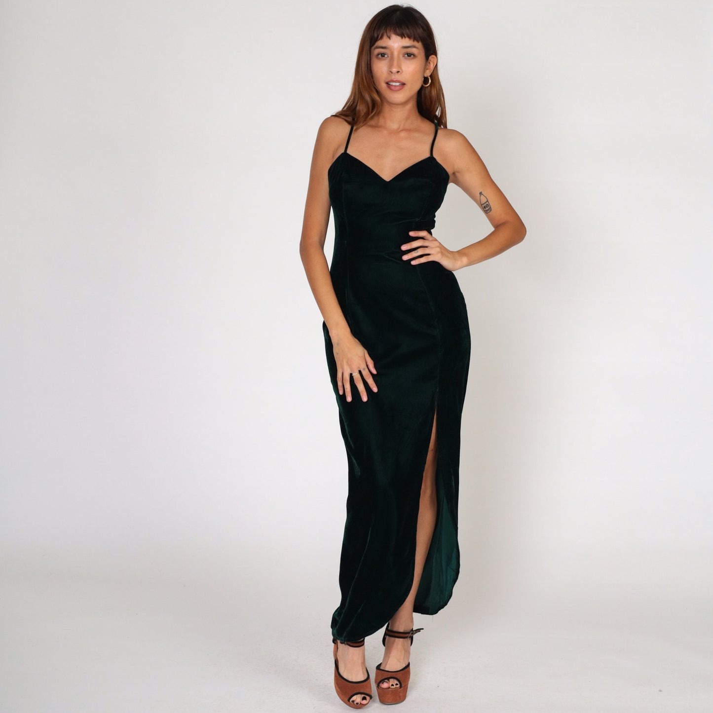 90s Dark Green Velvet Maxi Dress Sweetheart Neckline High Slit Sleeveless Small