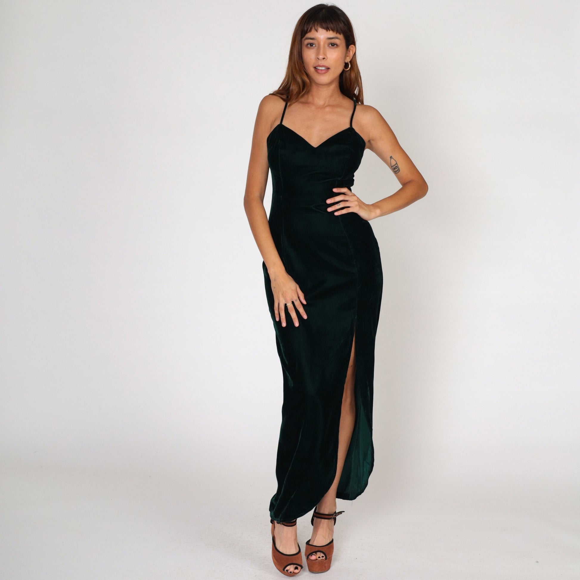 90s Dark Green Velvet Maxi Dress Sweetheart Neckline High Slit Sleeveless Small