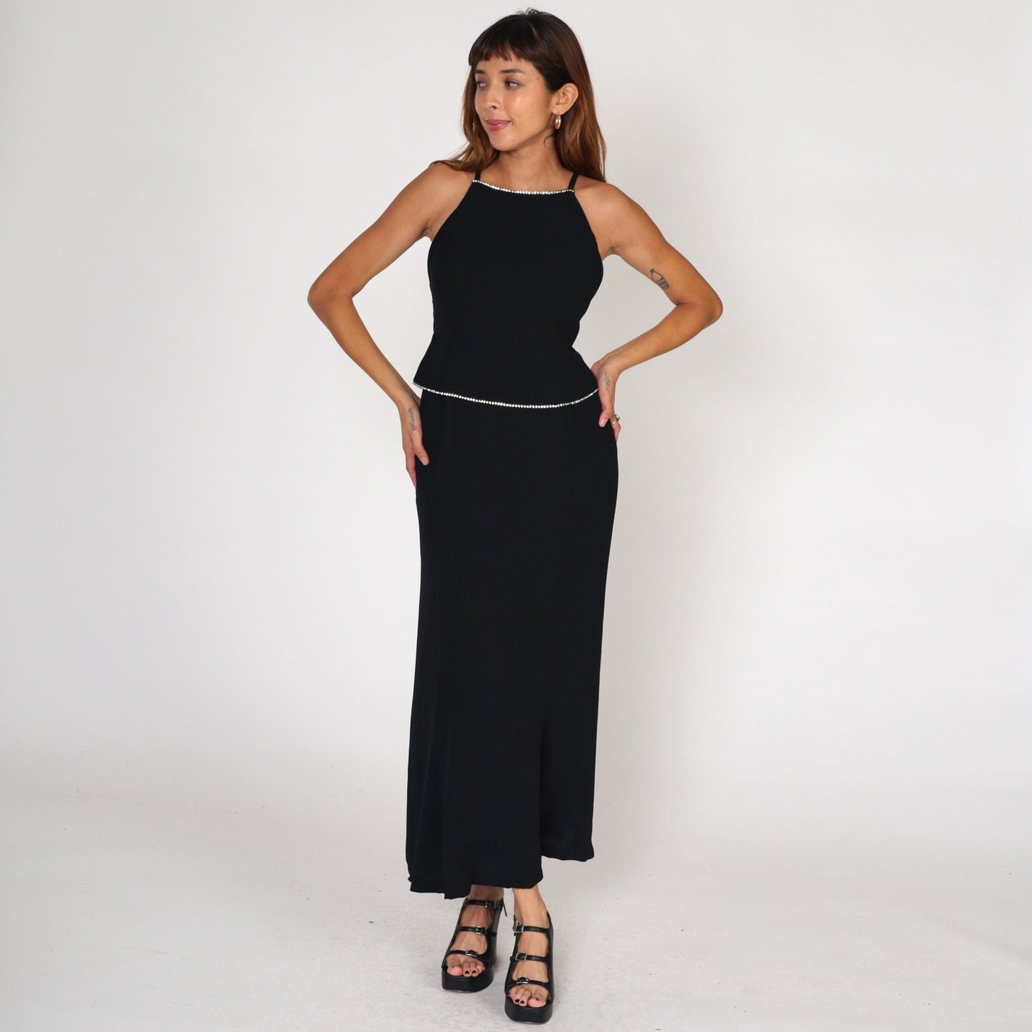 90s Jones New York Black Maxi Dress Rhinestone Racerback Spaghetti Strap Small