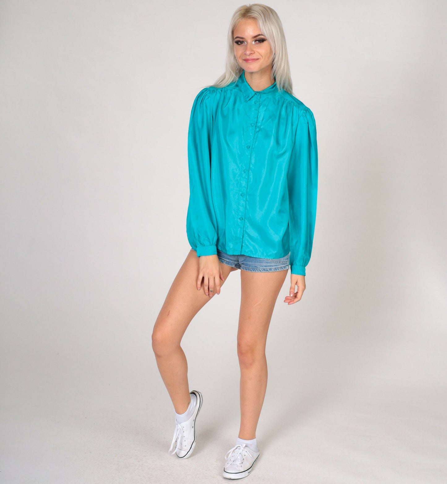 80s Turquoise Puff Sleeve Blouse Button-Up Pleated Chest Shiny Small