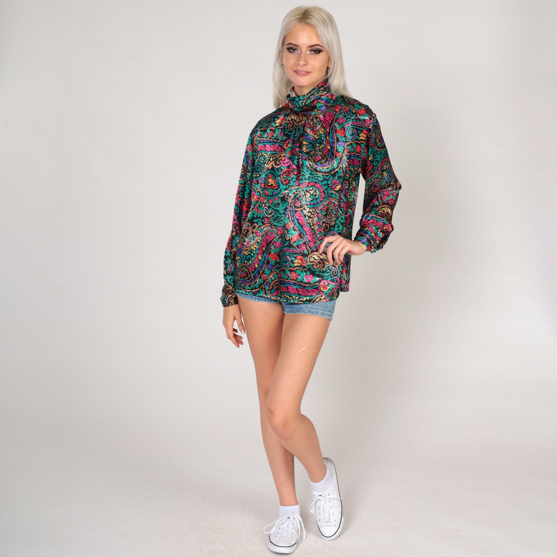 80s Paisley Floral Blouse Black Satin Mock Neck Long Sleeve Small S