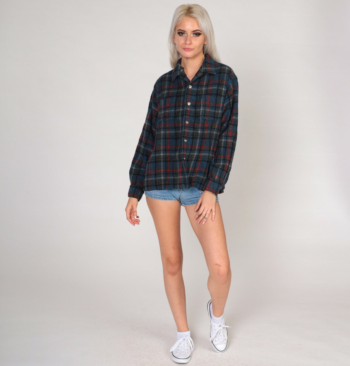 70s Brent Wool Blend Plaid Button-Up Shirt Grey Blue Large