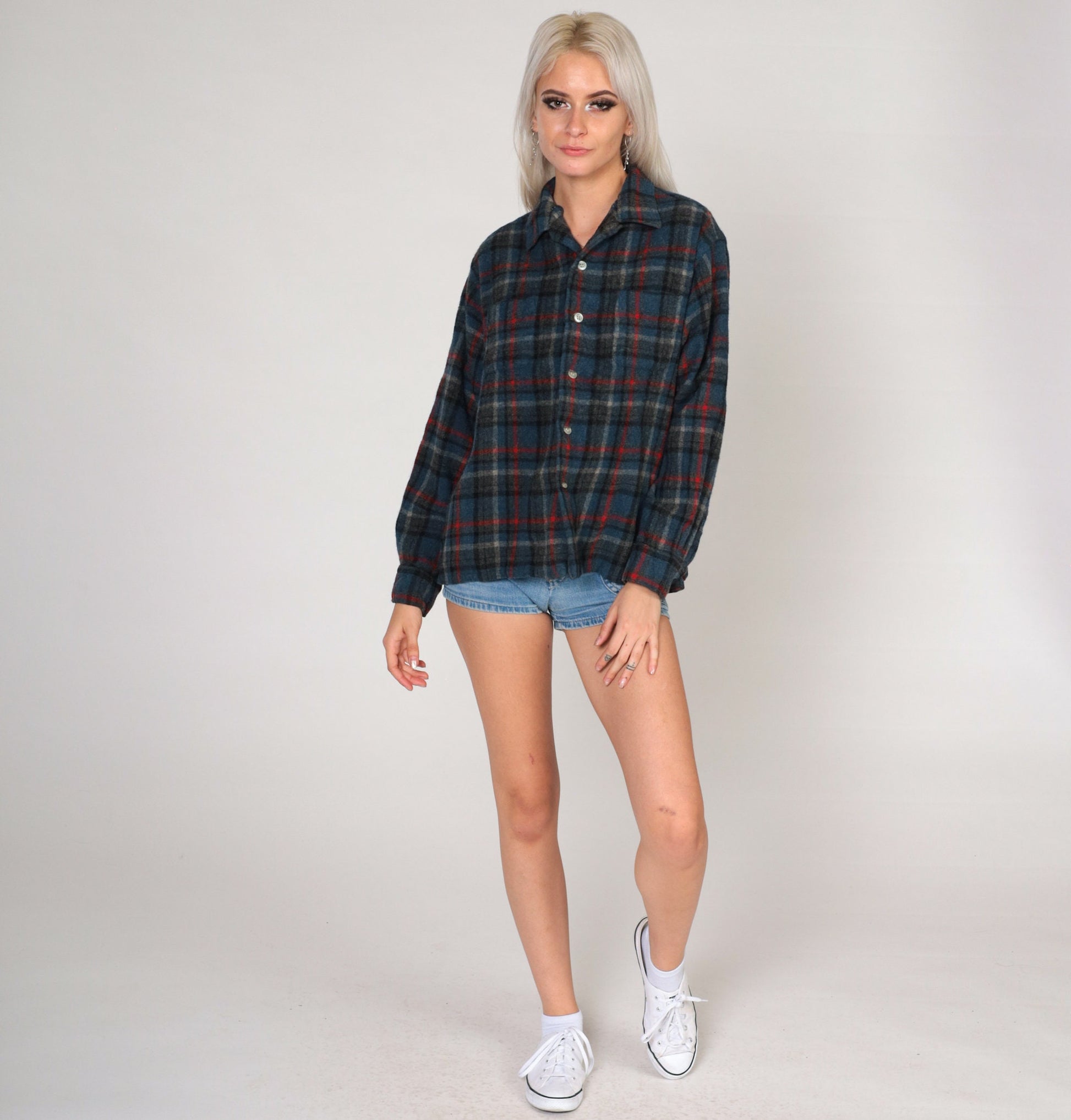 70s Brent Wool Blend Plaid Button-Up Shirt Grey Blue Large