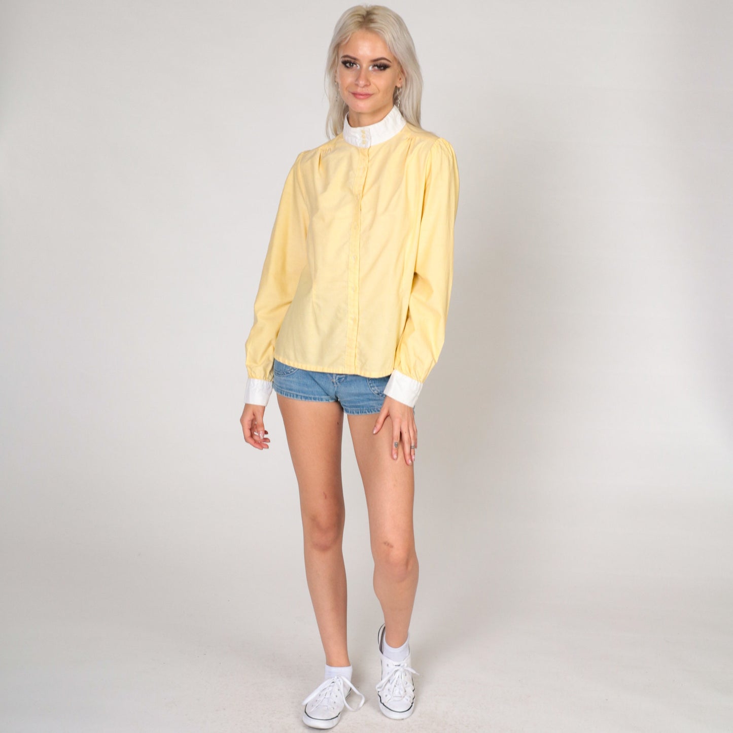 80s Yellow Puff Sleeve Blouse White Mock Neck Button Up Small