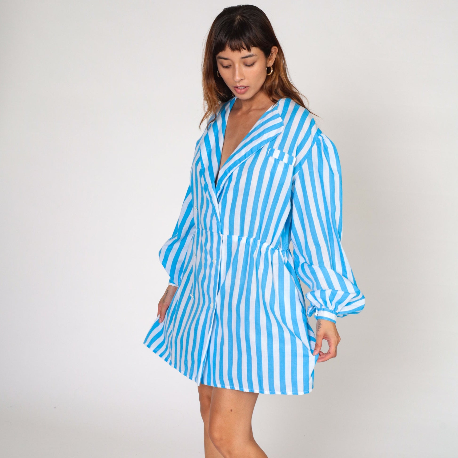 80s Striped Mini Dress Blue White Double Breasted Puff Sleeve Collared Large