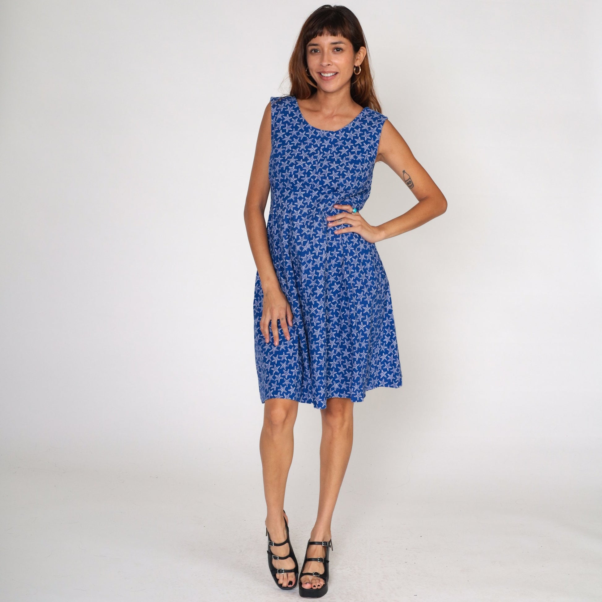 80s Starfish Print Sundress Blue Sleeveless Fit Flare Medium