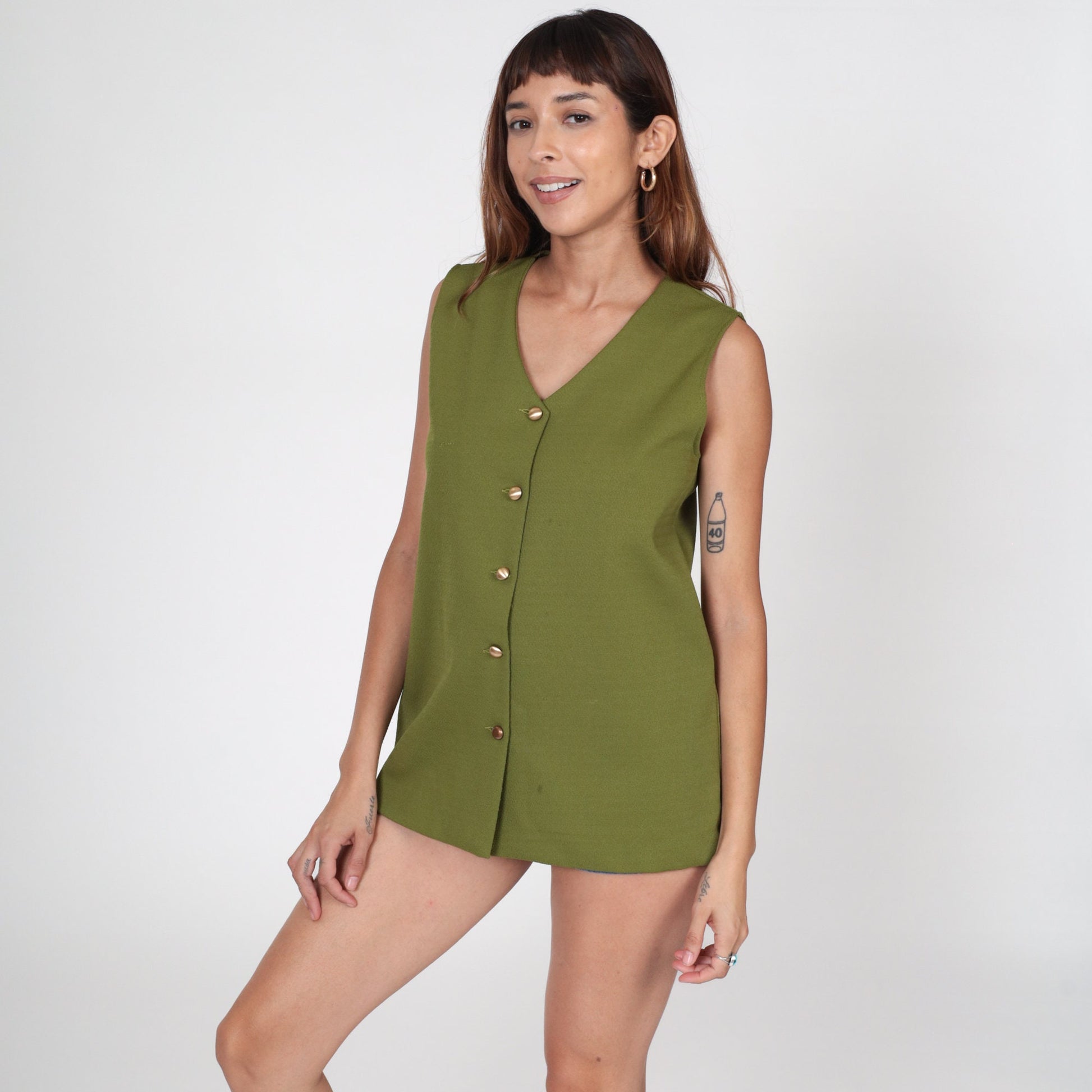 70s Olive Green Tank Top V Neck Button Up Sleeveless Blouse Small Medium