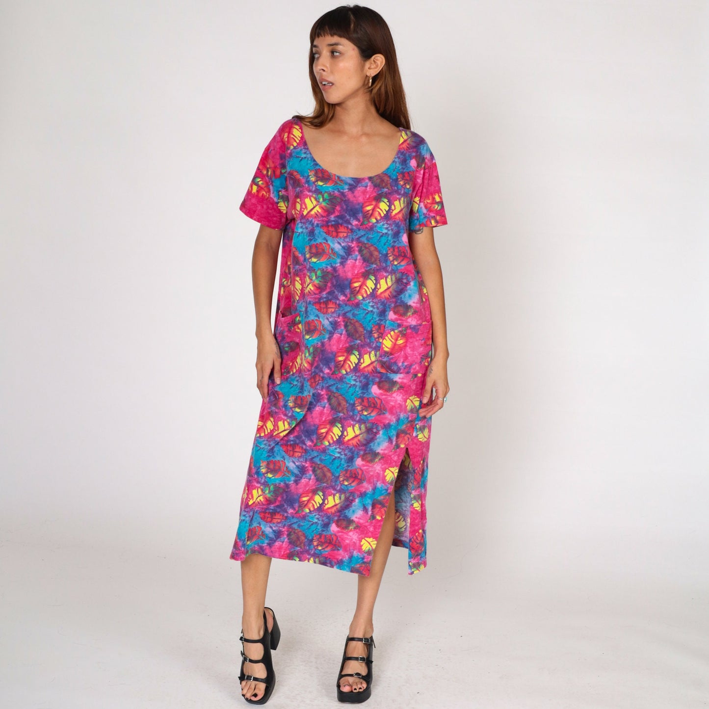 90s Tie Dye Leaf Print T-Shirt Dress Shift Cut Pockets Large
