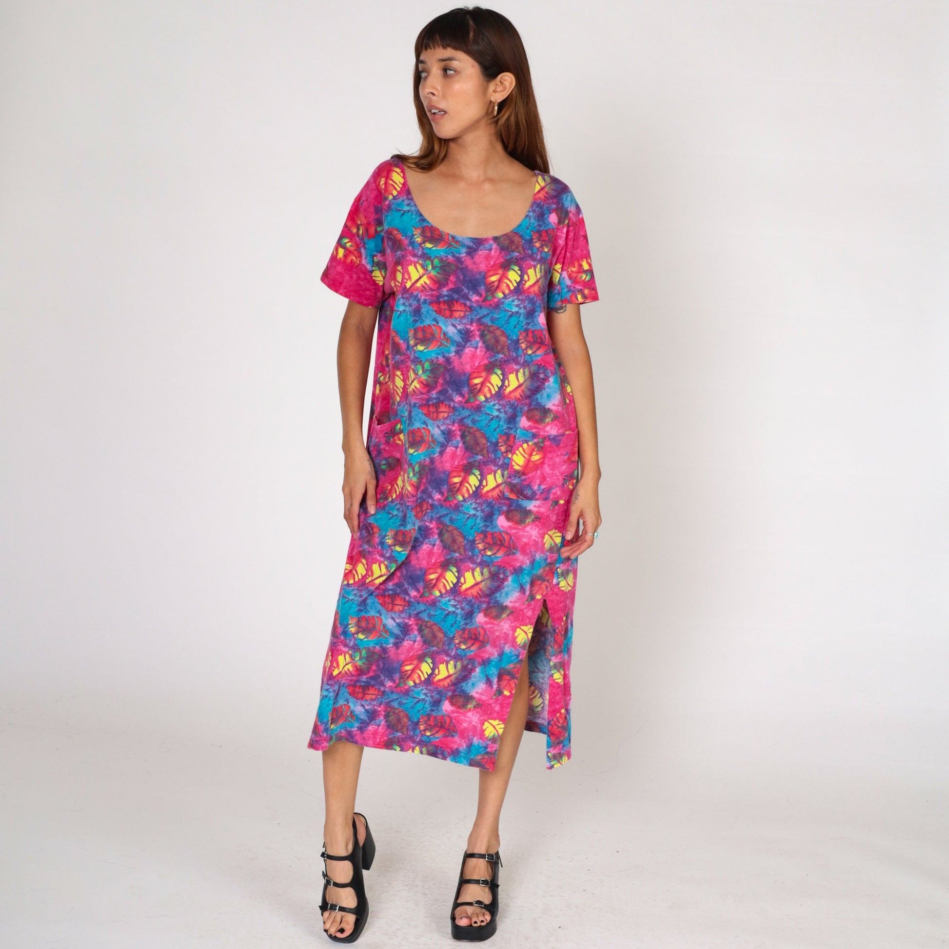 90s Tie Dye Leaf Print T-Shirt Dress Shift Cut Pockets Large