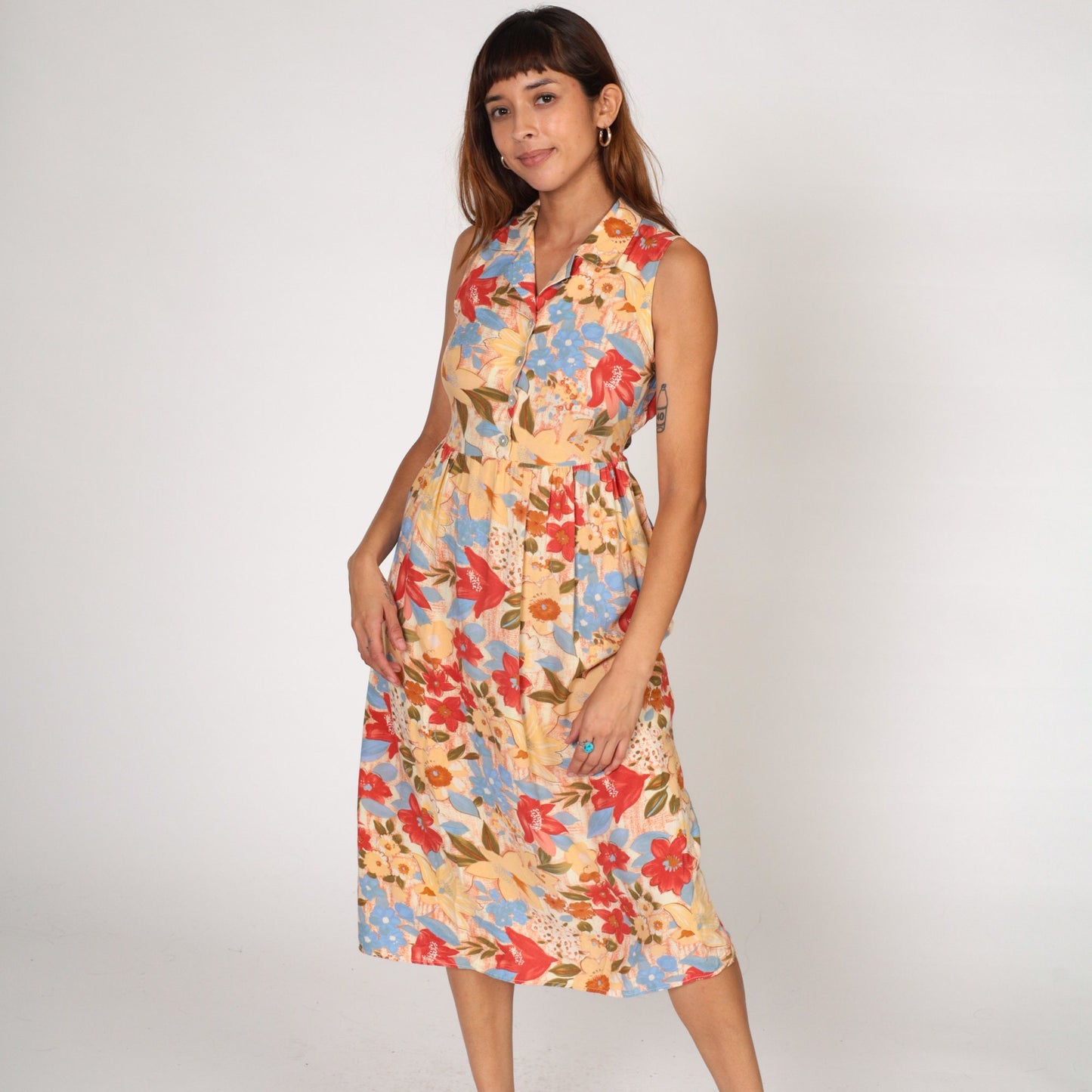 90s Floral Button-Up Midi Dress Sleeveless High Waist Red Yellow Blue Small