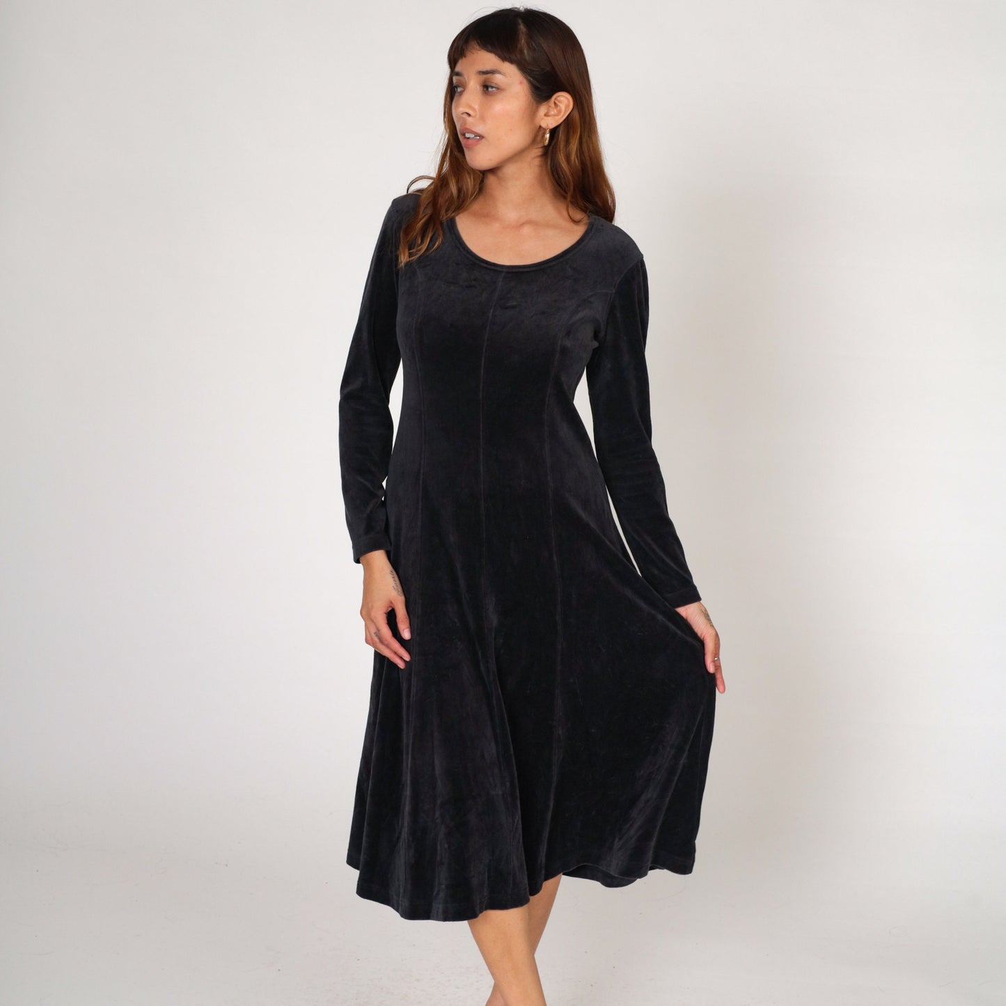 Y2K Black Velour Midi Dress Long Sleeve Princess Seam Small