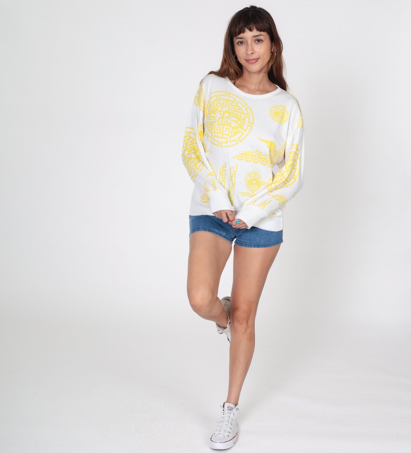 80s Geometric Chain Link Long Sleeve Shirt White Small S