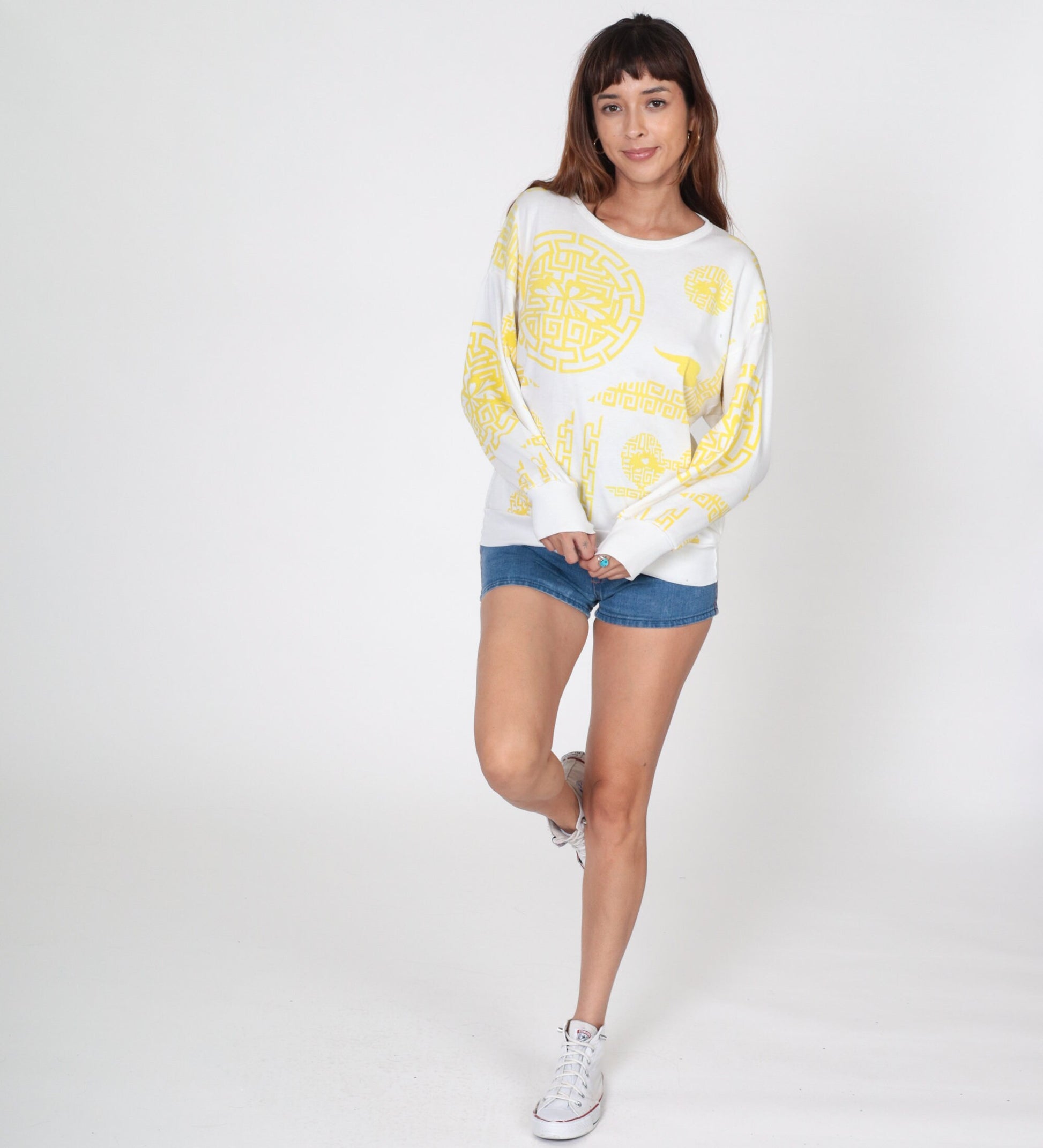 80s Geometric Chain Link Long Sleeve Shirt White Small S