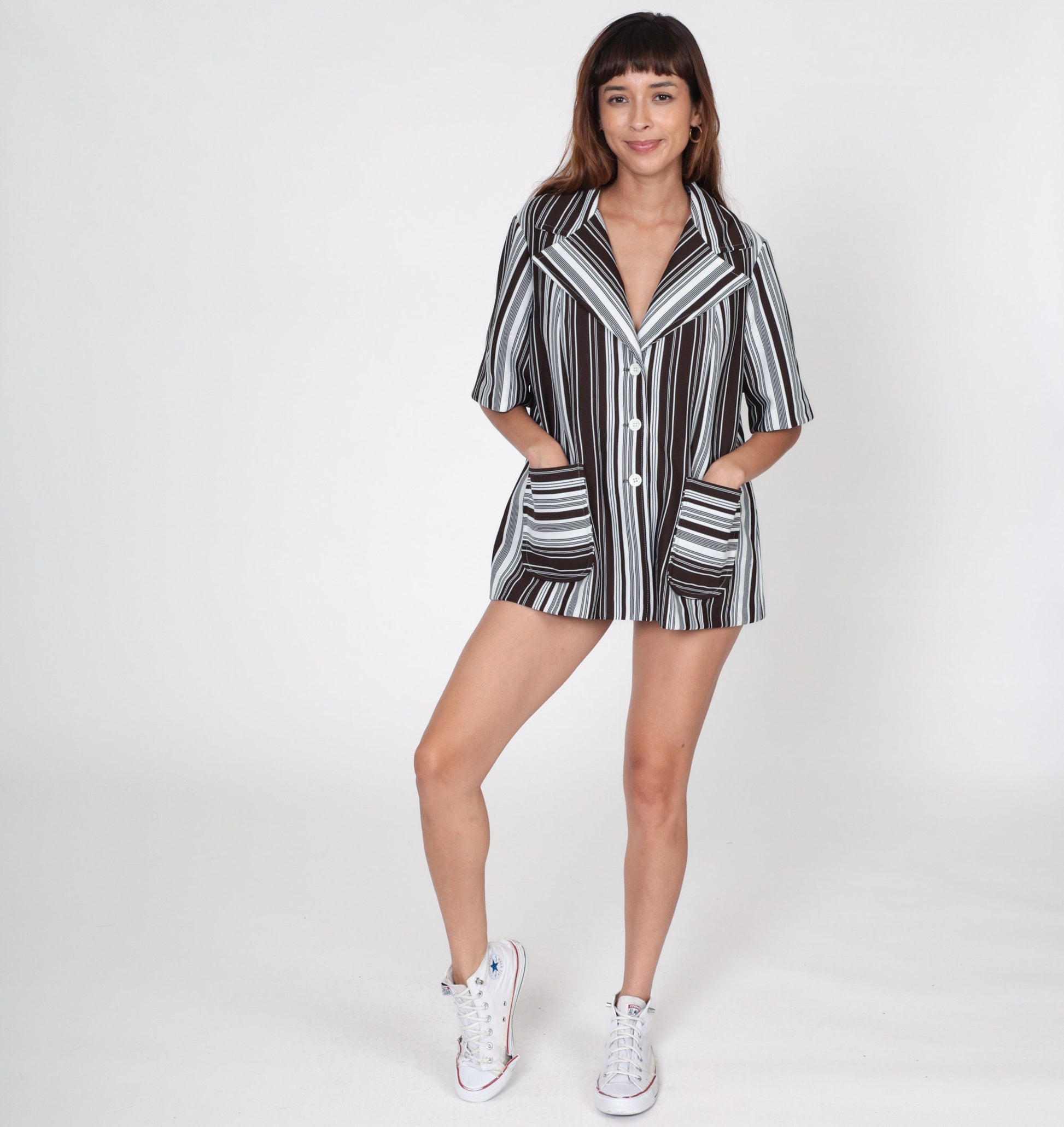 70s Brown & White Striped Button-Up Shirt Short Sleeve Collared V-Neck Extra Large XL