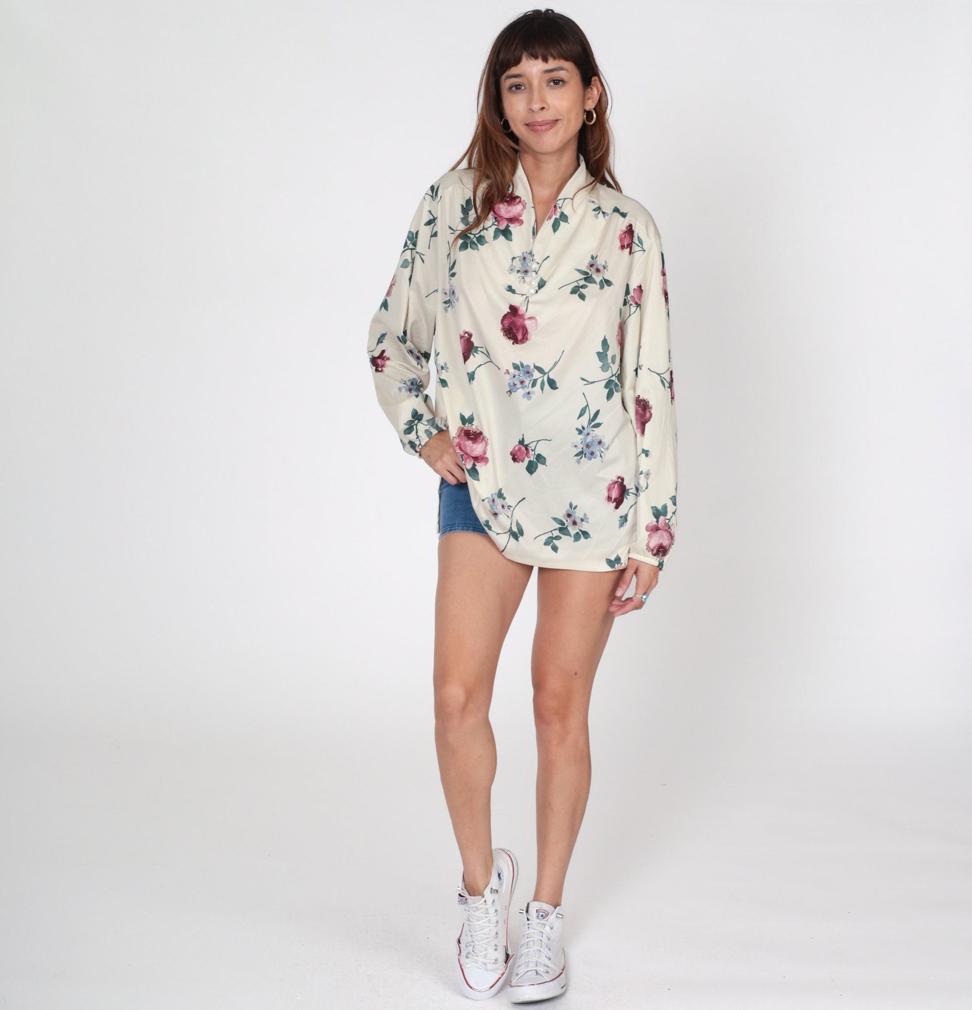 70s Floral Button-Up Blouse Cream Long Sleeve Shirt Plus Size XXL