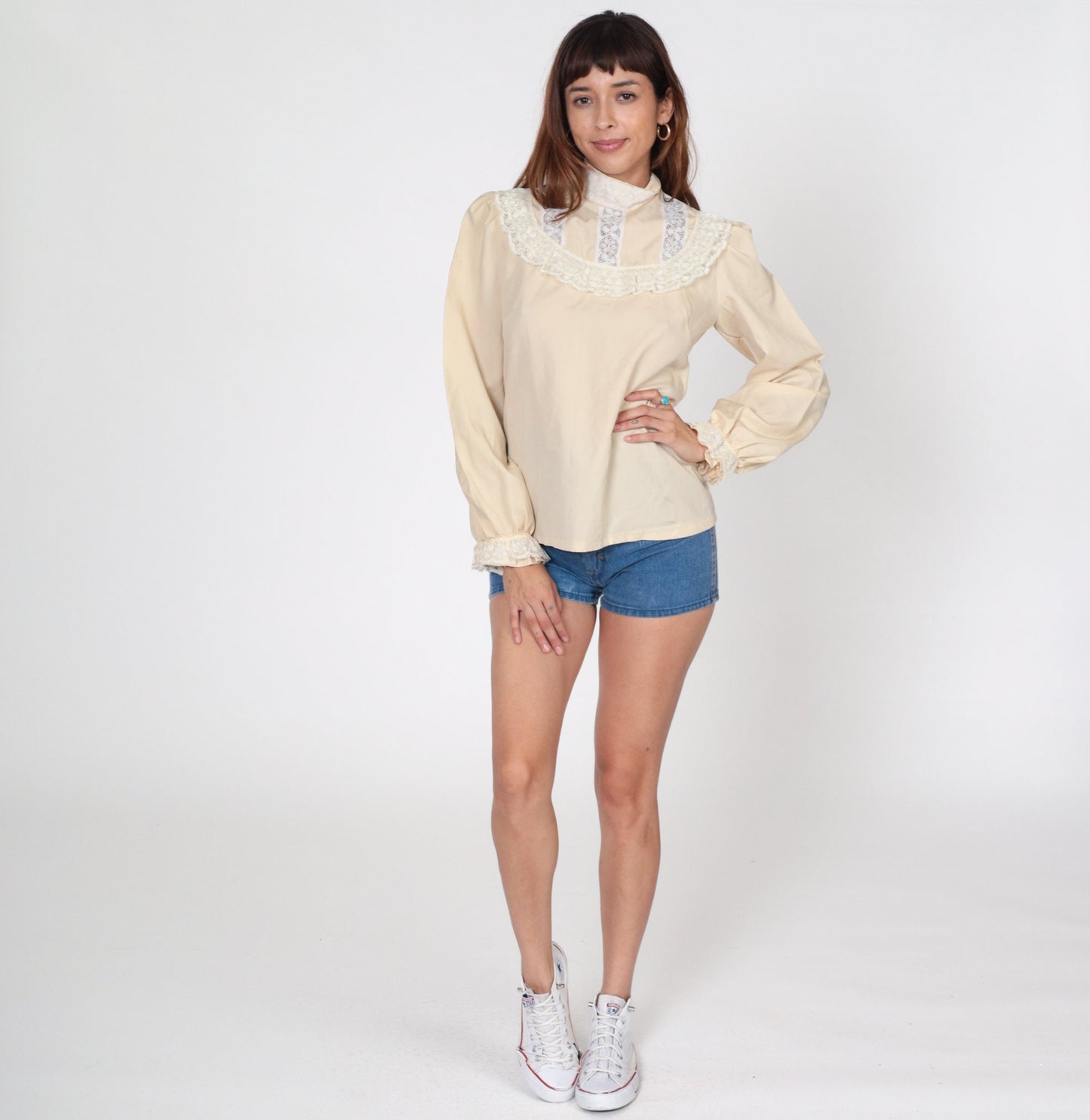 70s Beige Puff Sleeve Blouse Lace Bib Mock Neck Poet Shirt Medium