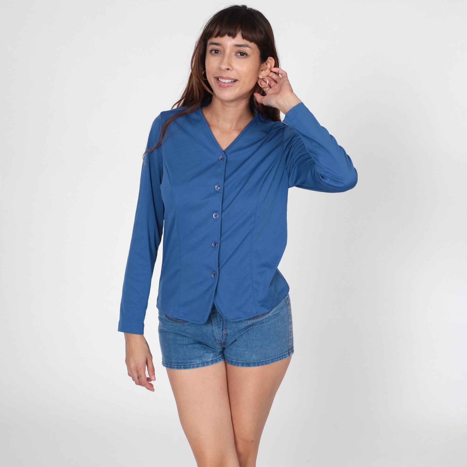 90s Blue Button-Up Shirt Long Sleeve V-Neck Blouse Small Medium