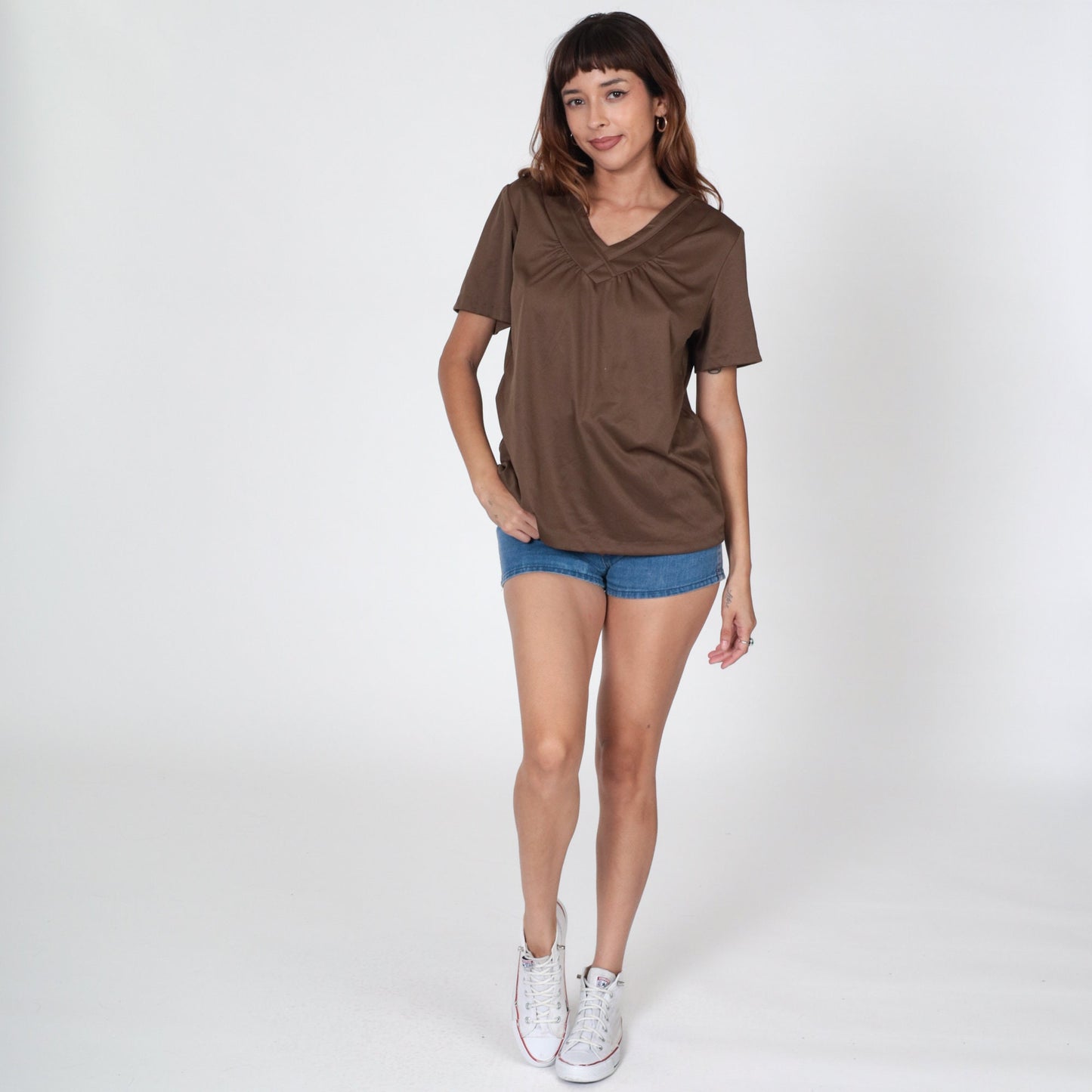 70s Brown Gathered V-Neck Tunic Blouse Short Sleeve Large