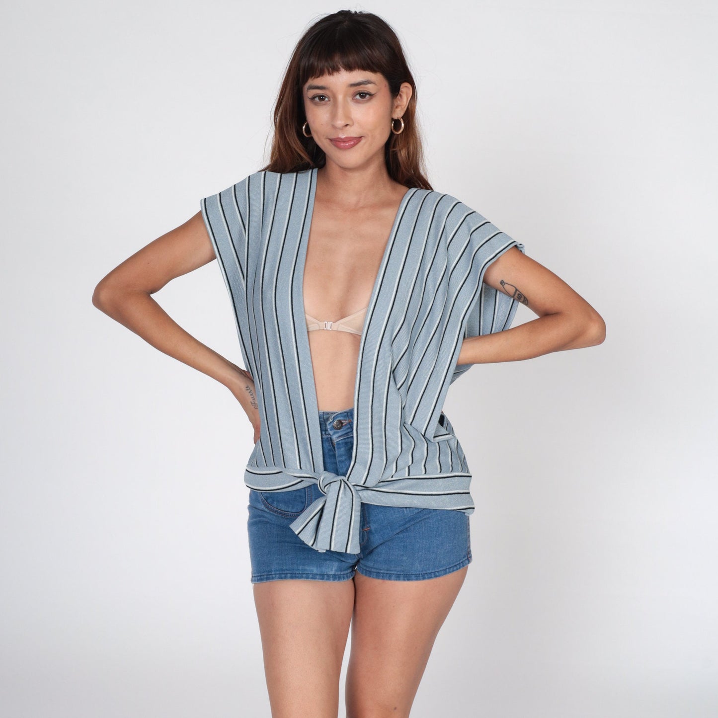 70s Grey Striped Knit Vest Open Front Tie Waist Cap Sleeve Large