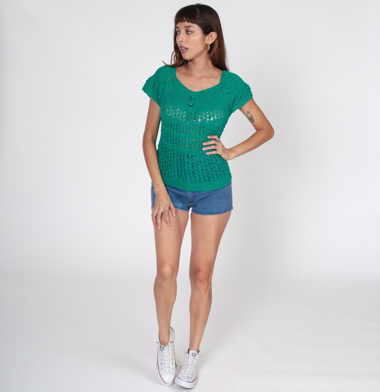 80s Green Crochet Blouse Short Raglan Sleeve Sheer Knit Top Small S