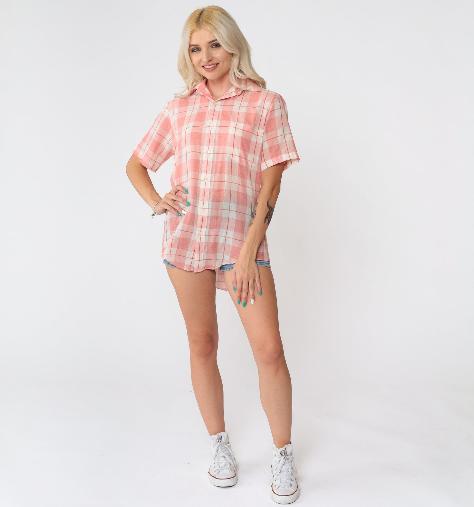80s Red Plaid Button-Up Shirt White Check Short Sleeve Collared Top Small