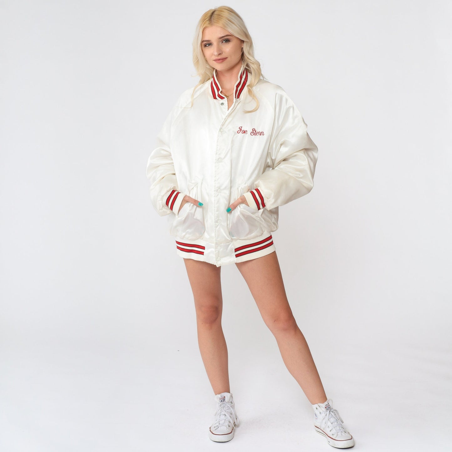 80s The Bicycle Source Bomber Jacket White Nylon Staff Uniform Extra Large XL