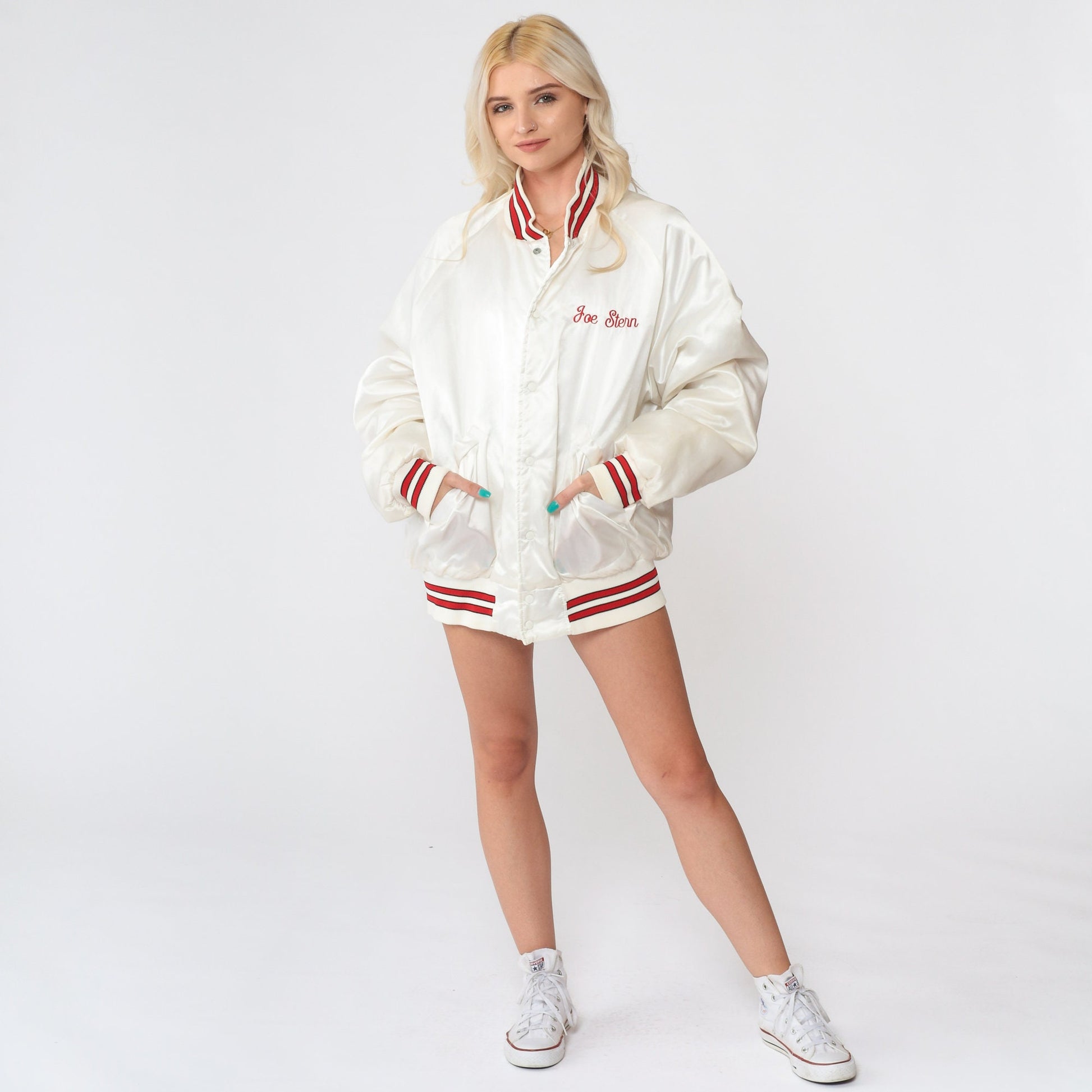 80s The Bicycle Source Bomber Jacket White Nylon Staff Uniform Extra Large XL