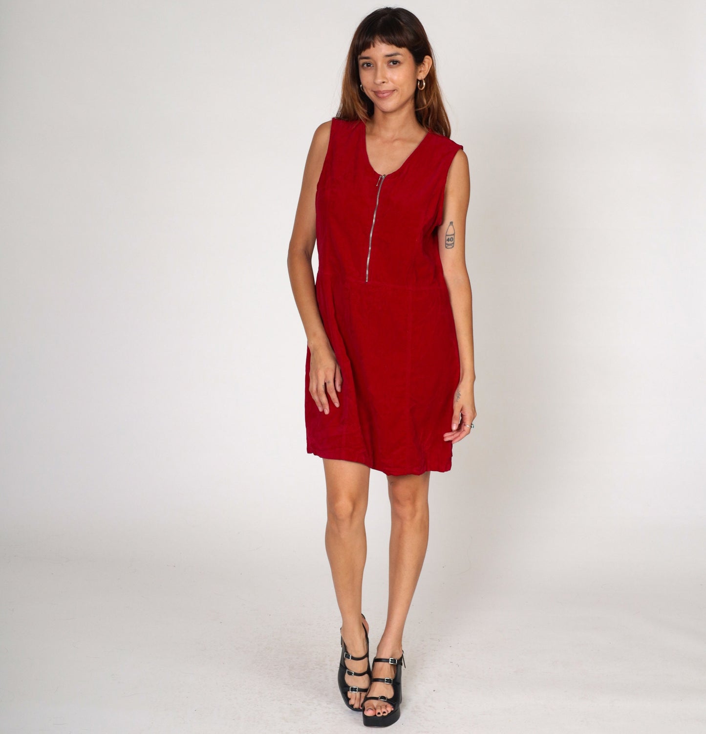 00s Faded Glory Velvet Jumper Dress Red Mini Shift Zip Front Large L