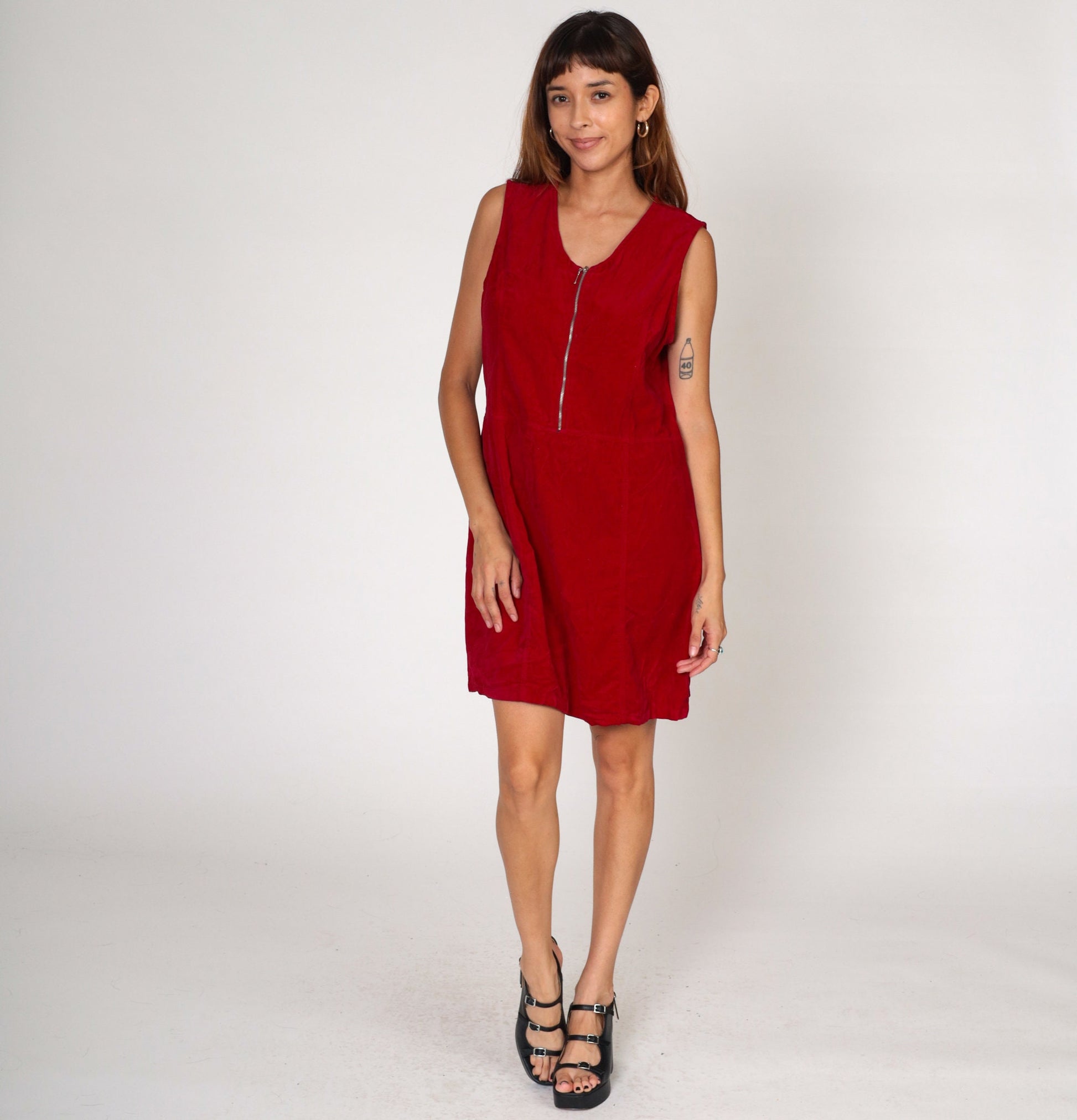 00s Faded Glory Velvet Jumper Dress Red Mini Shift Zip Front Large L