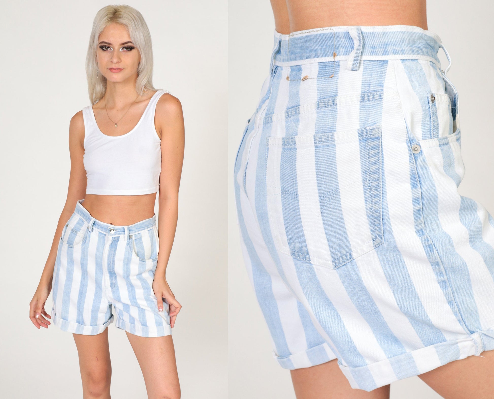 90s Striped Blue White Denim Shorts High Waisted Cuffed Small
