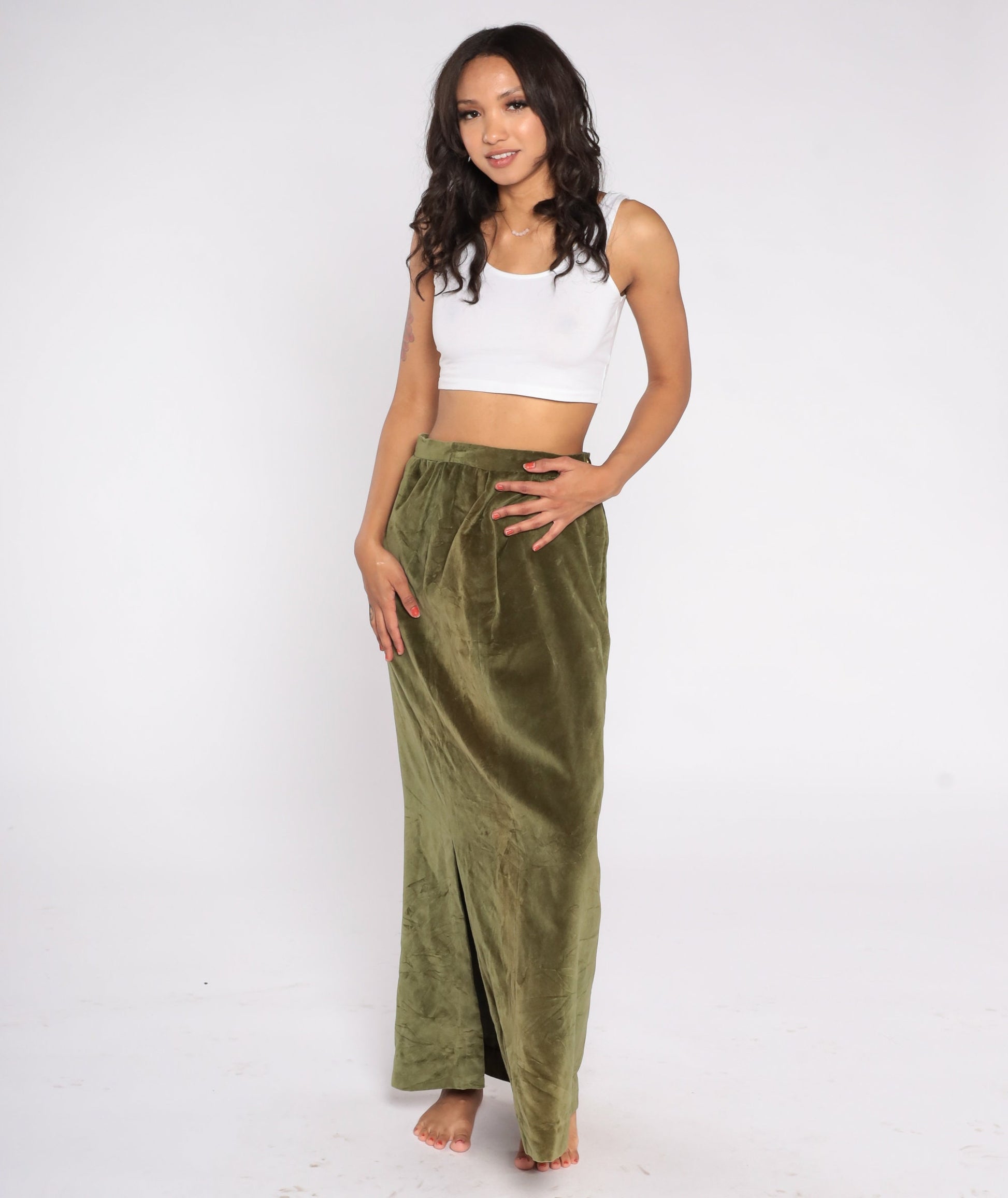 80s Green Velvet Maxi Skirt High Waist Front Slit Small