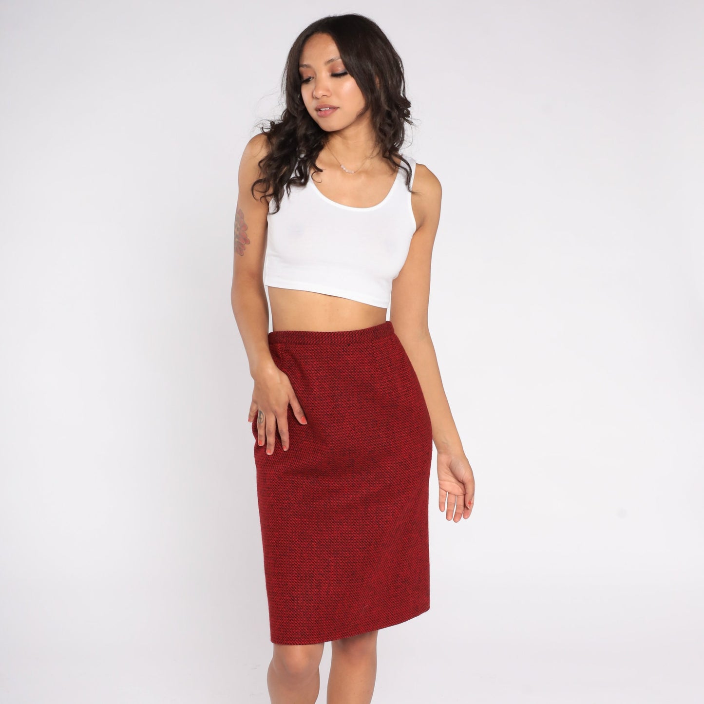 80s Guy LaRoche Wool Cashmere Mini Pencil Skirt Red Black High Waist Small