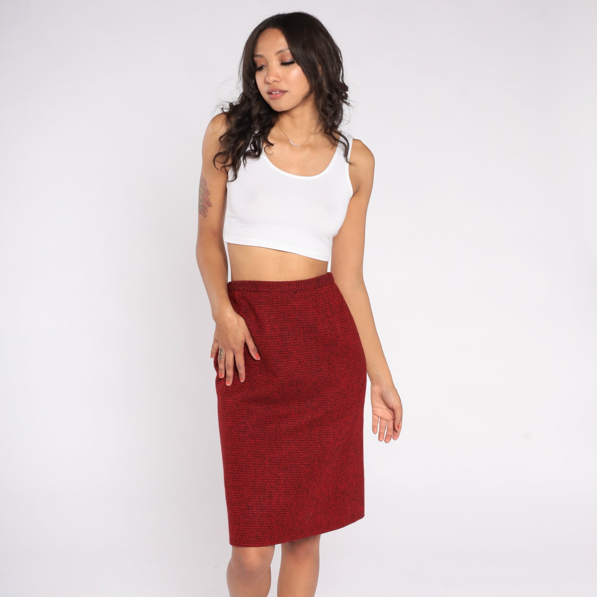 80s Guy LaRoche Wool Cashmere Mini Pencil Skirt Red Black High Waist Small