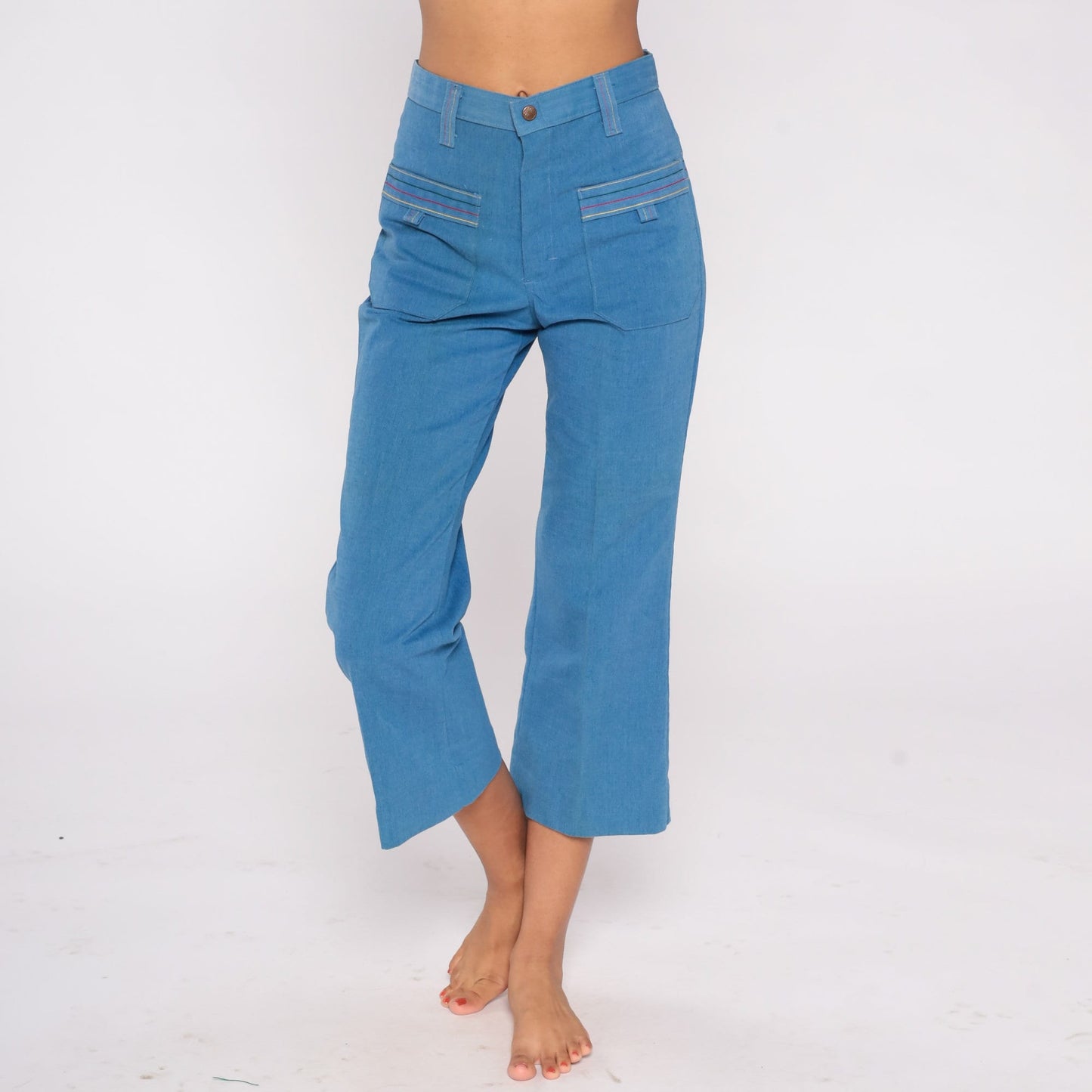 70s High Waisted Bell Bottom Jeans Cropped Flare Denim Blue Extra Small