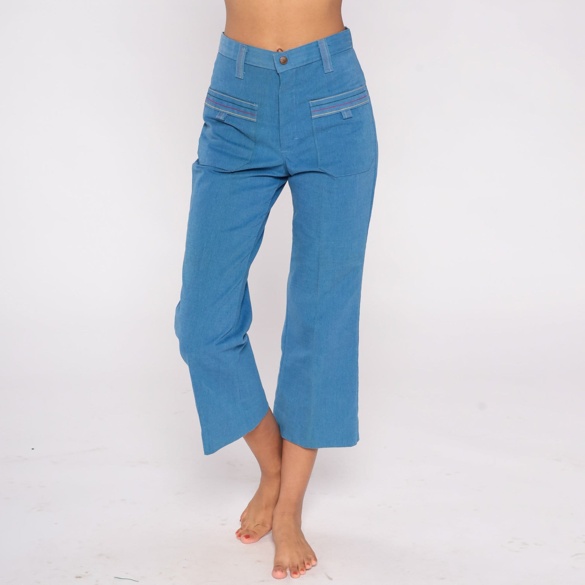 70s High Waisted Bell Bottom Jeans Cropped Flare Denim Blue Extra Small