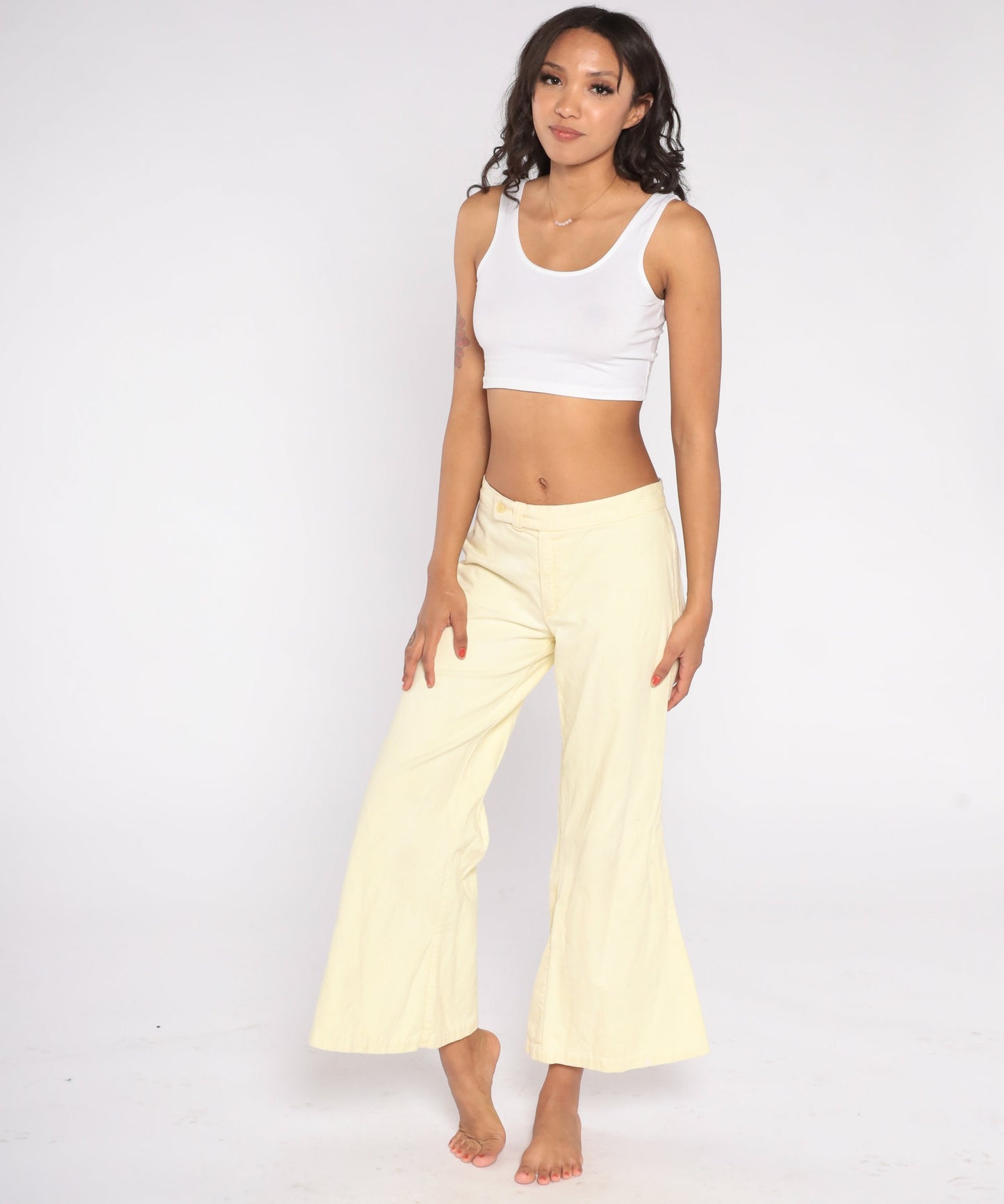 70s Pale Yellow Bell Bottom Flare Pants Low Rise Cotton Extra Small