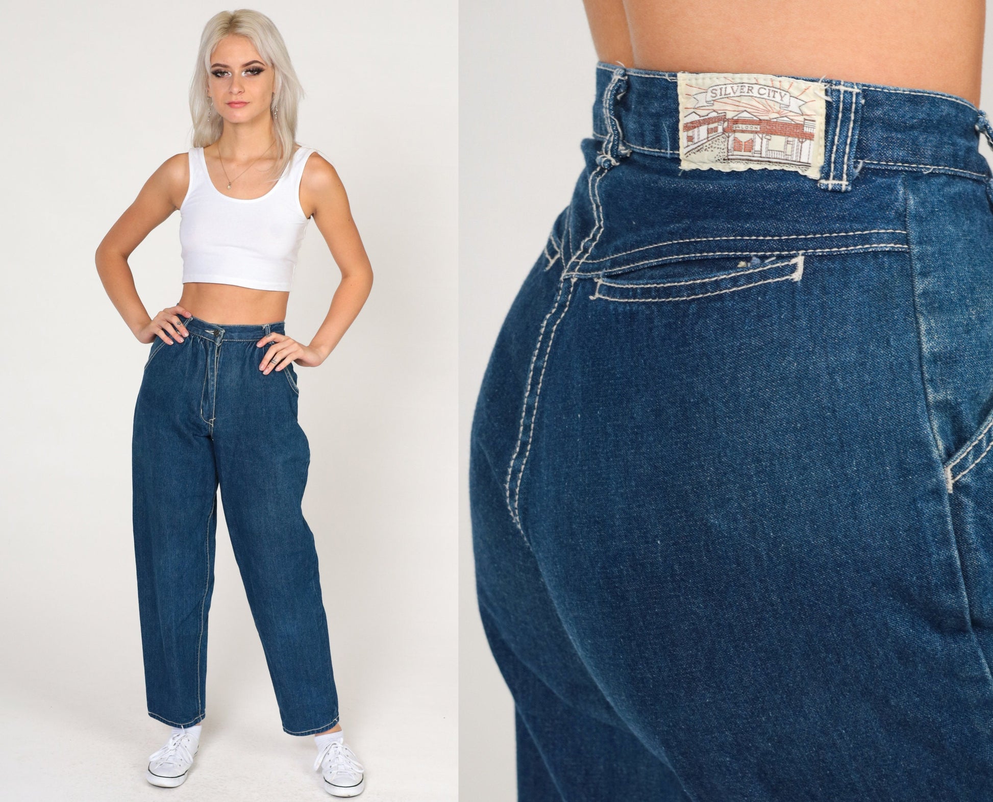 80s Dark Wash High Waisted Straight Leg Jeans Tapered Blue Denim Extra Small