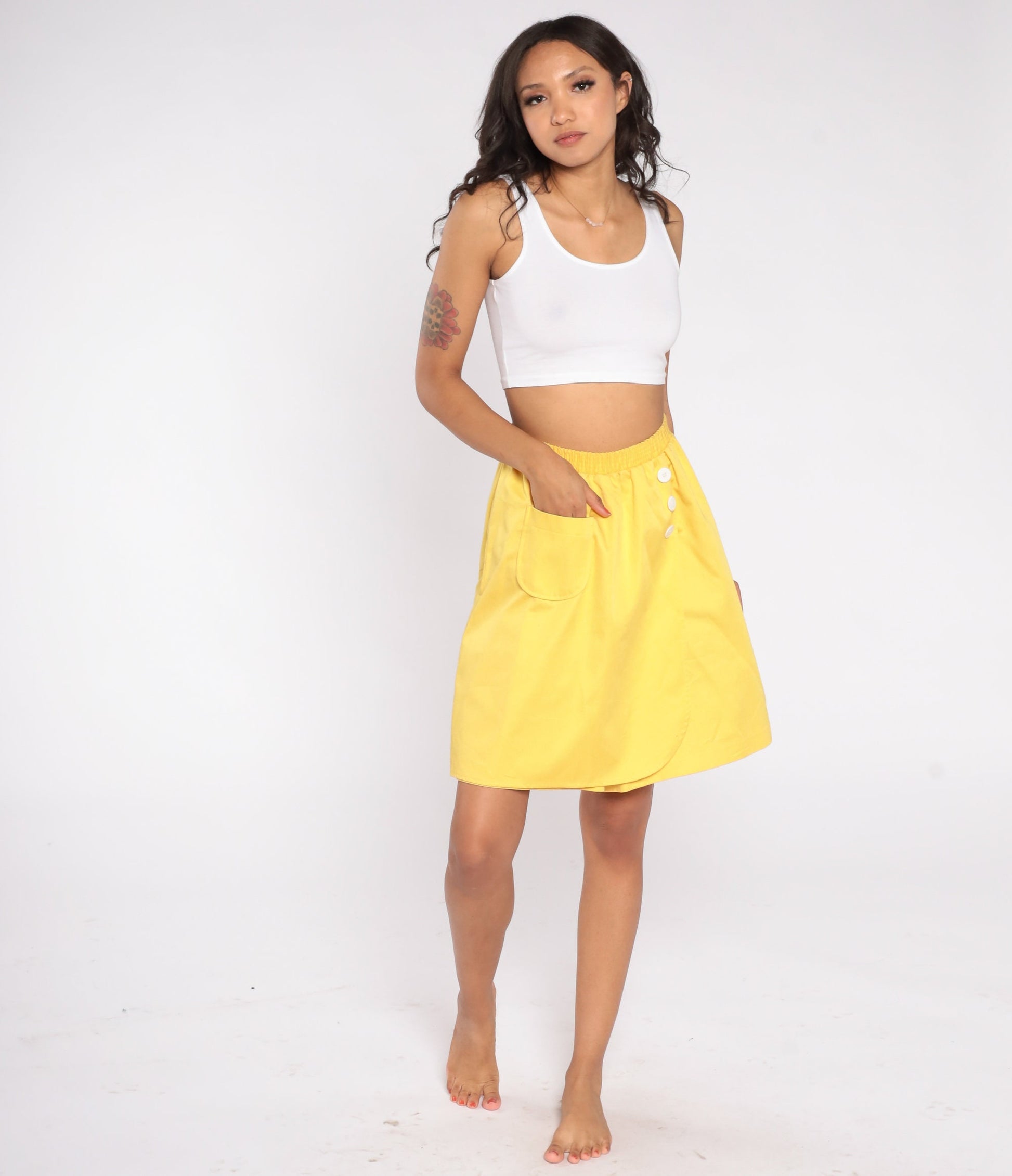 80s Yellow Mini Skirt Tulip Hem High Waist Elastic Pocket Medium M