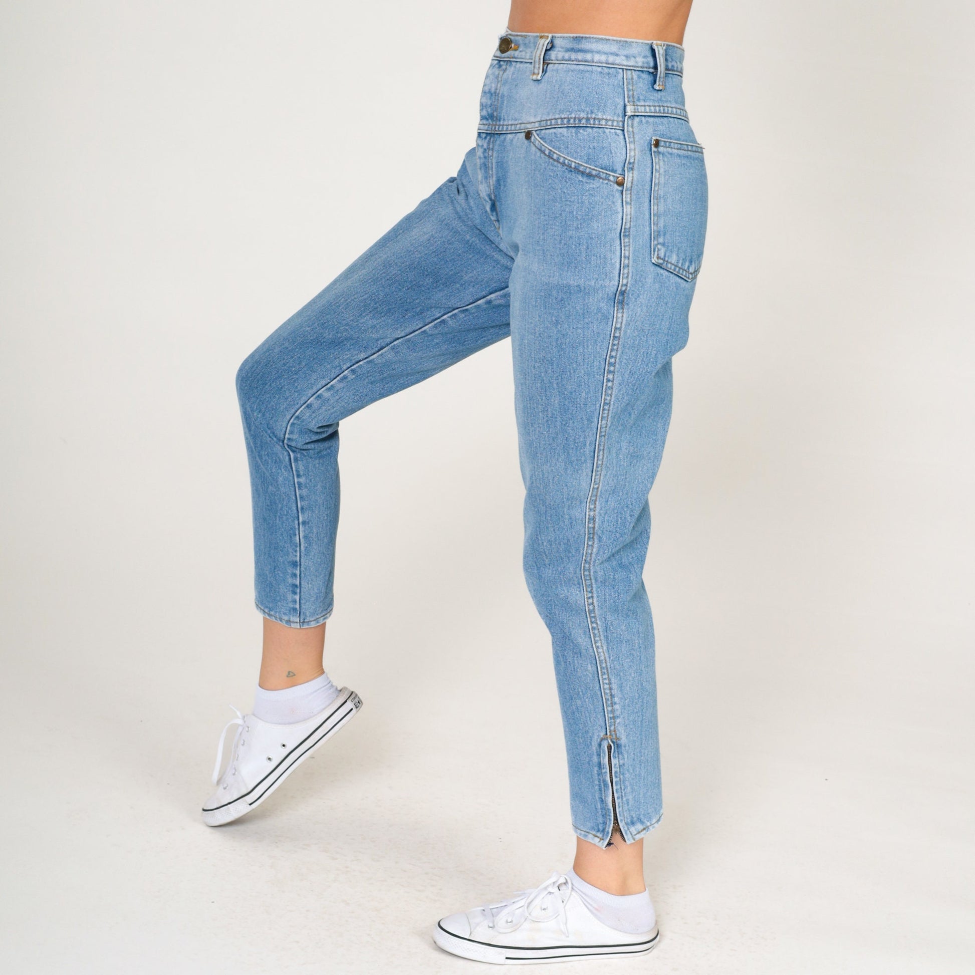 80s High-Waisted Skinny Jeans Ankle Zipper Faded Blue Denim Extra Small