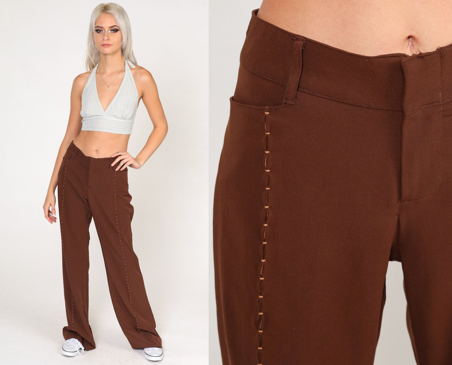 90s Brown Flared Trousers Low Rise Bell Bottoms Tall Medium