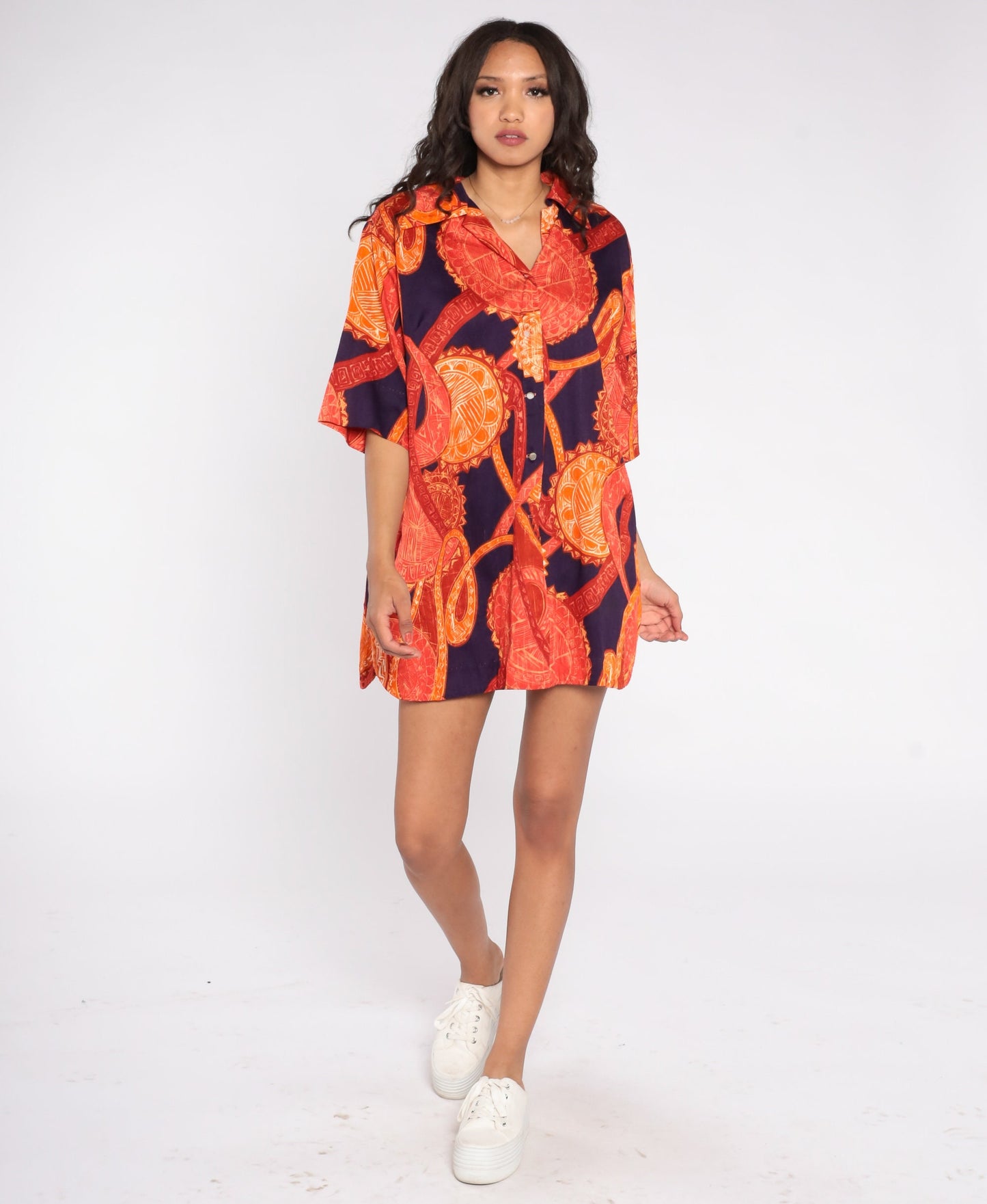 70s Purple Orange Abstract Medallion Print Button-Up Blouse Short Sleeve Extra Large XXL