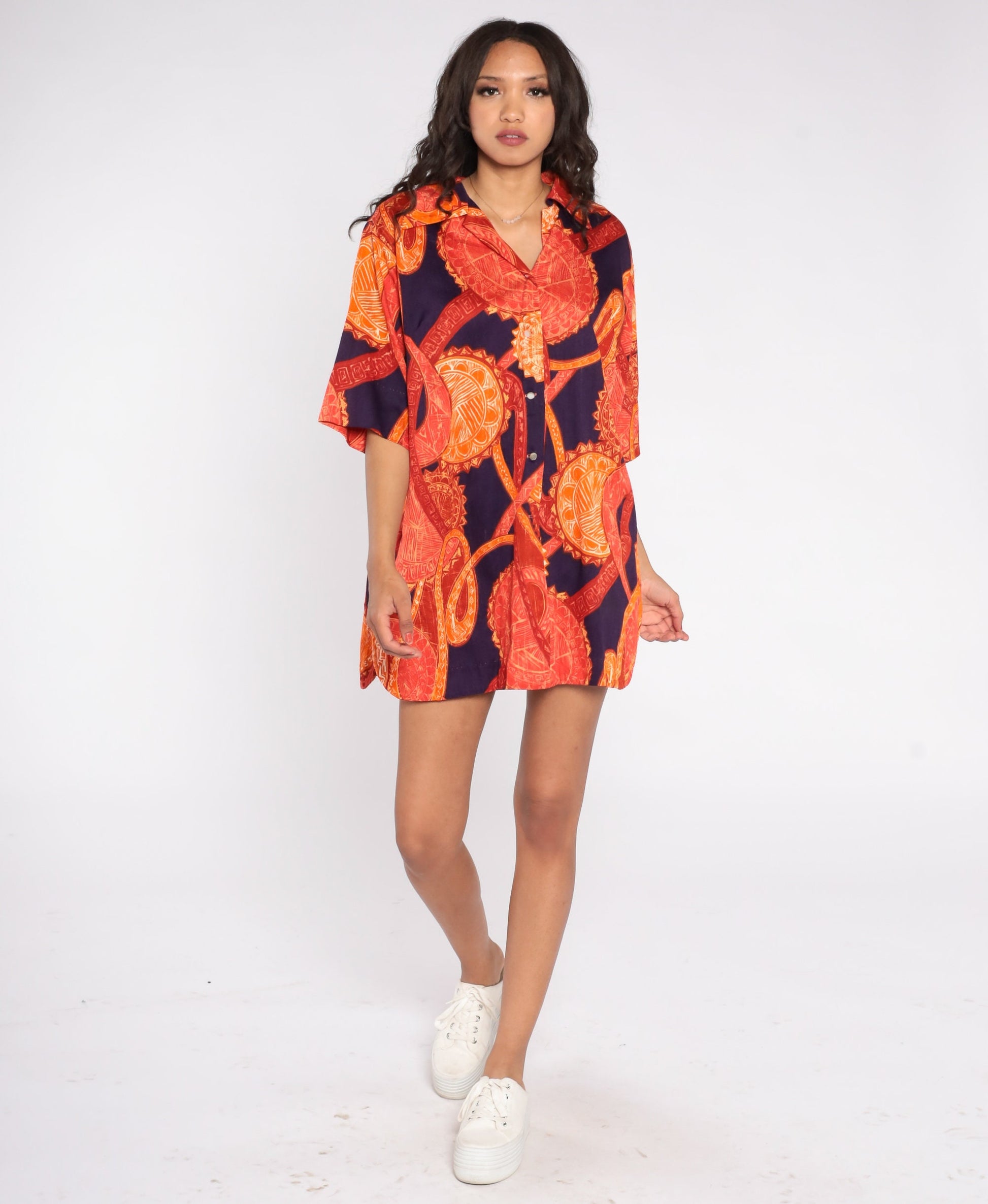 70s Purple Orange Abstract Medallion Print Button-Up Blouse Short Sleeve Extra Large XXL